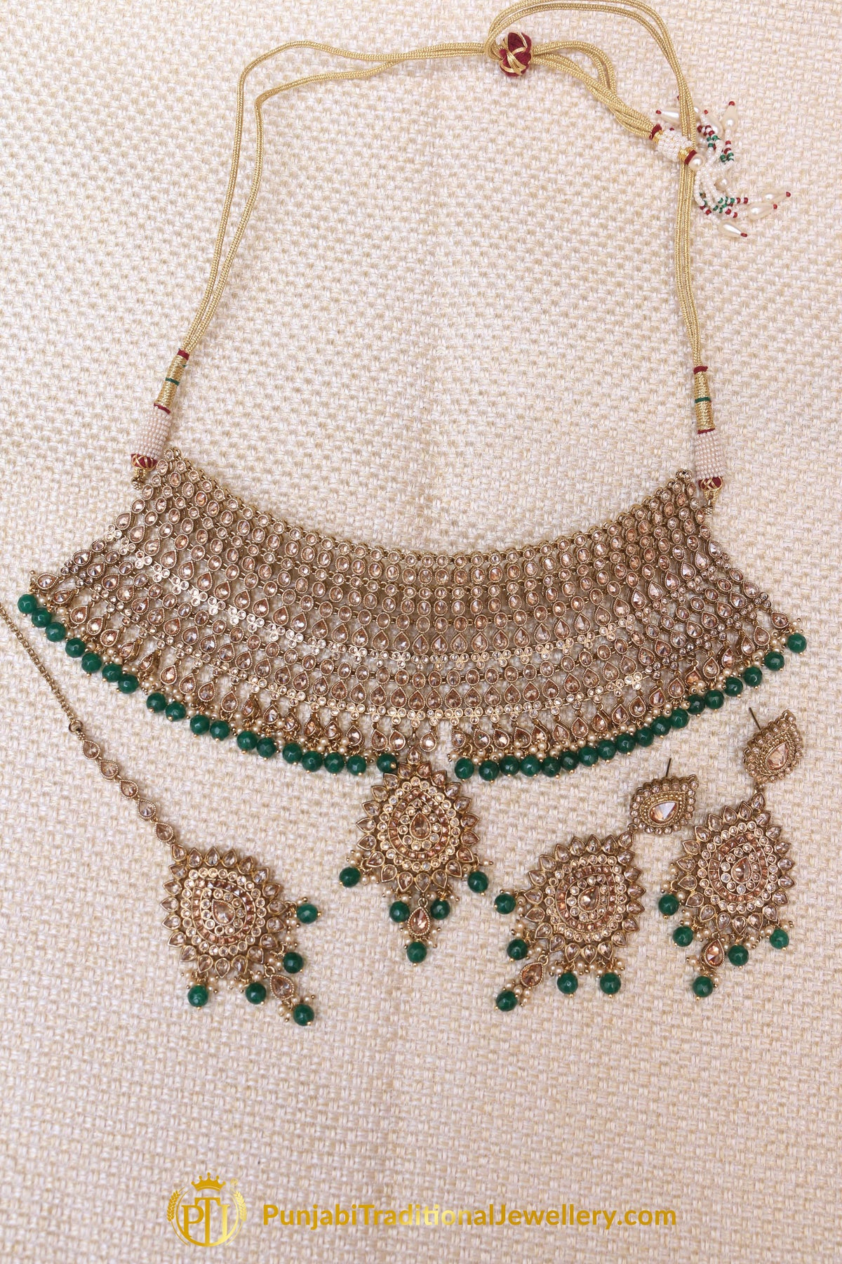 Green Champagne Stone Necklace Set By Punjabi Traditional Jewellery