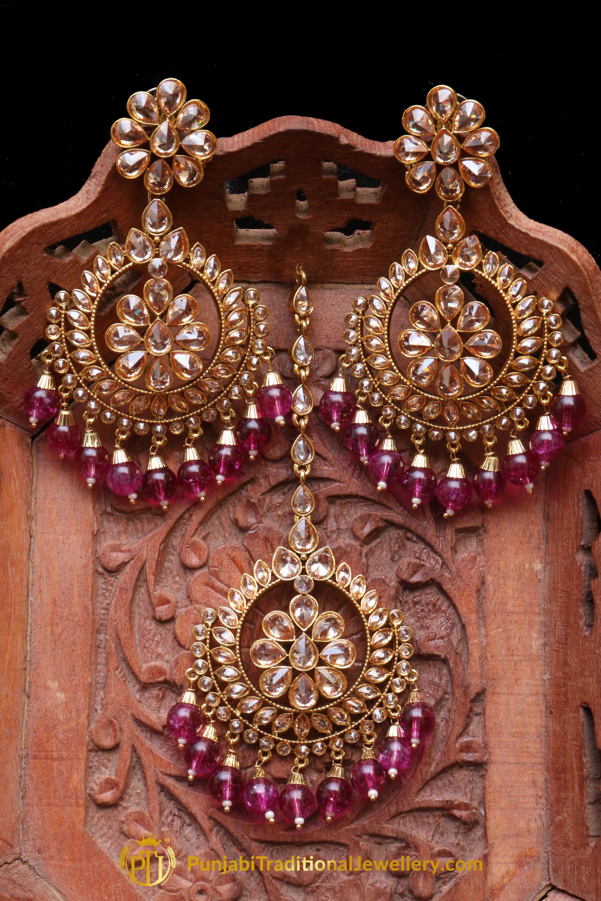 Pink Champagne Stone Earring Tikka Set By Punjabi Traditional Jewellery