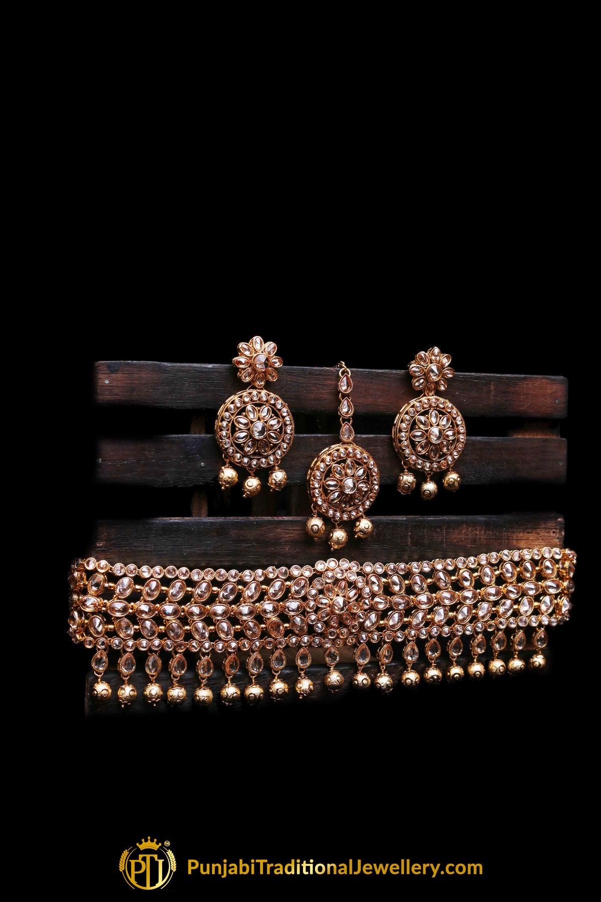 Golden Polki Necklace Set By Punjabi Traditional Jewellery