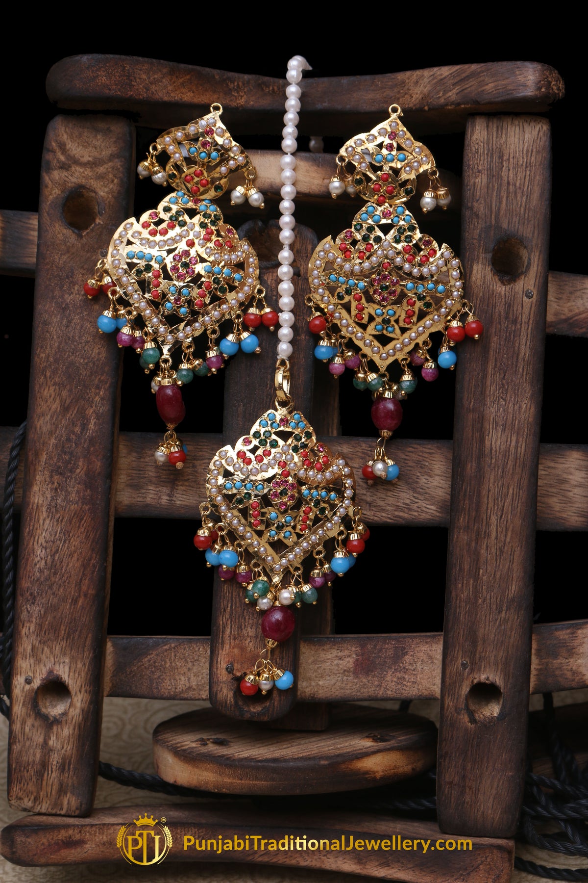 Multi Jadau Pearl Earring Tikka Set By Punjabi Traditional Jewellery