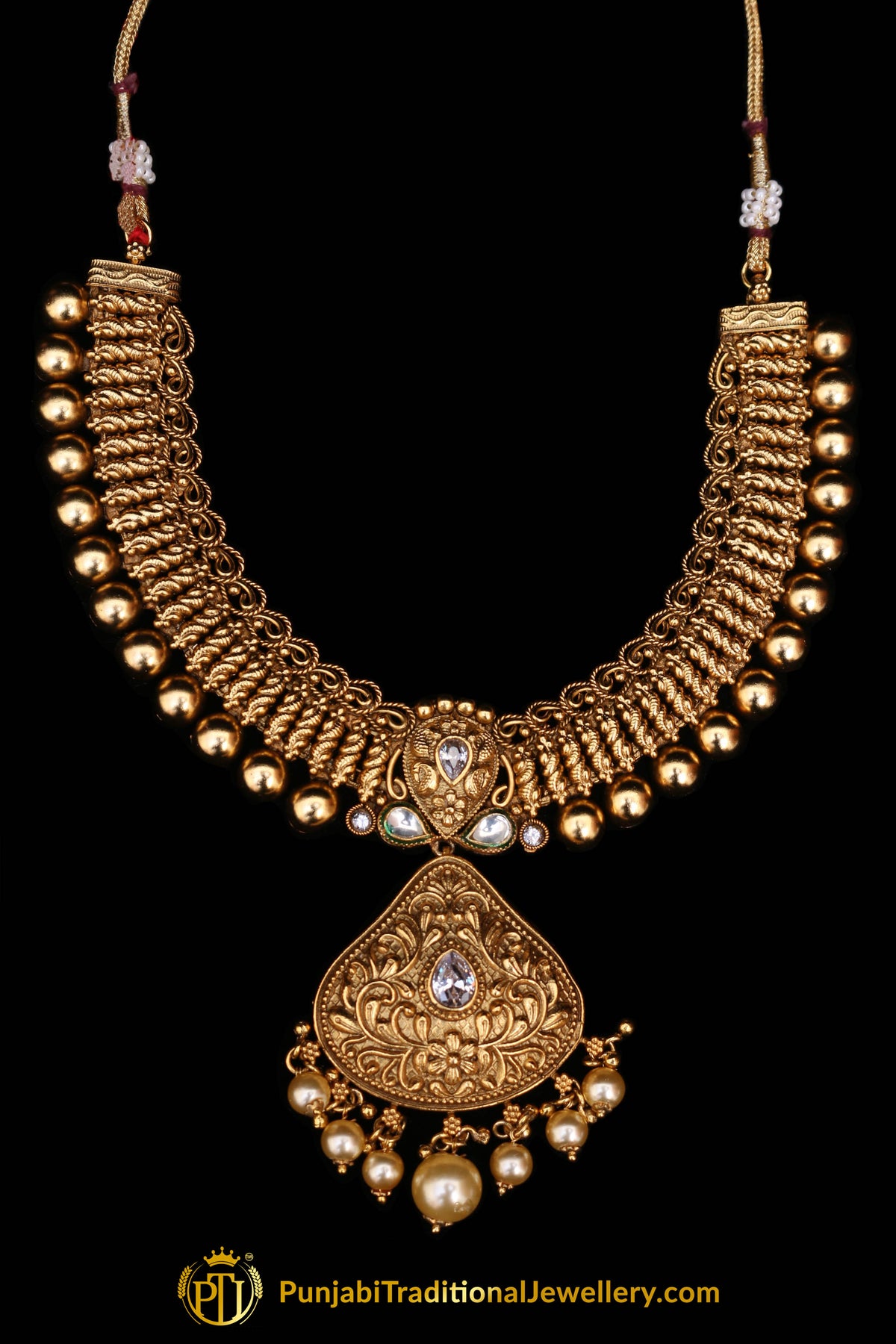 White Pearl Antique Gold Necklace Set By Punjabi Traditional Jewellery