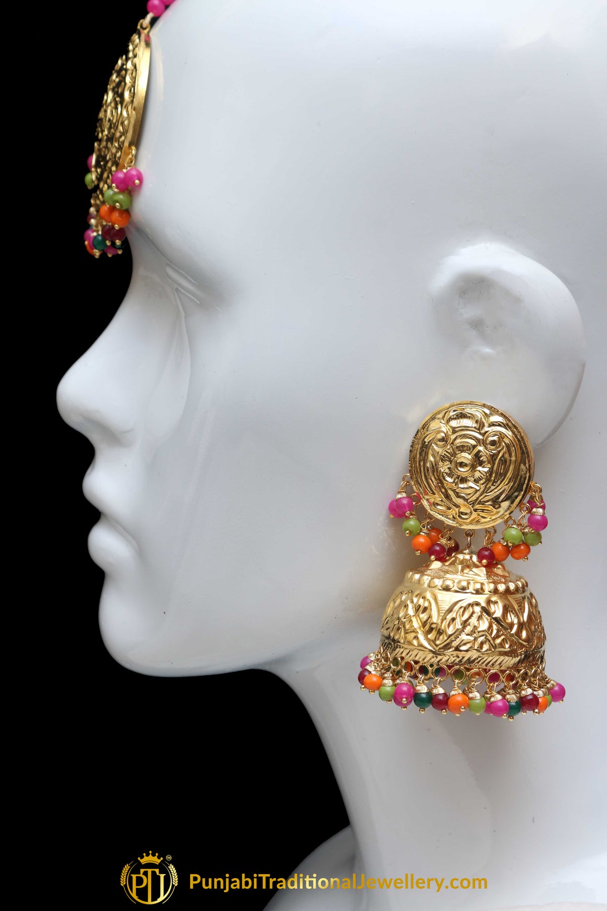 Multi Gold Plated Jhumki Earrings & Tikka Set By Punjabi Traditional Jewellery
