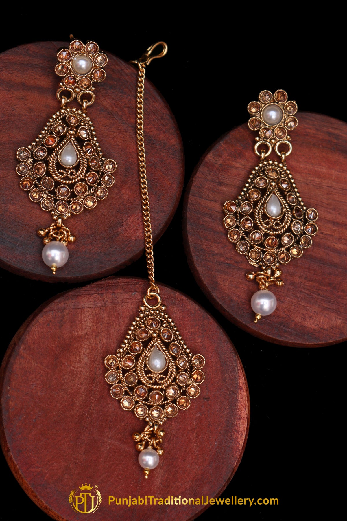 Champagne Stone  Pearl Antique Gold Earring Tikka Set By Punjabi Traditional Jewellery