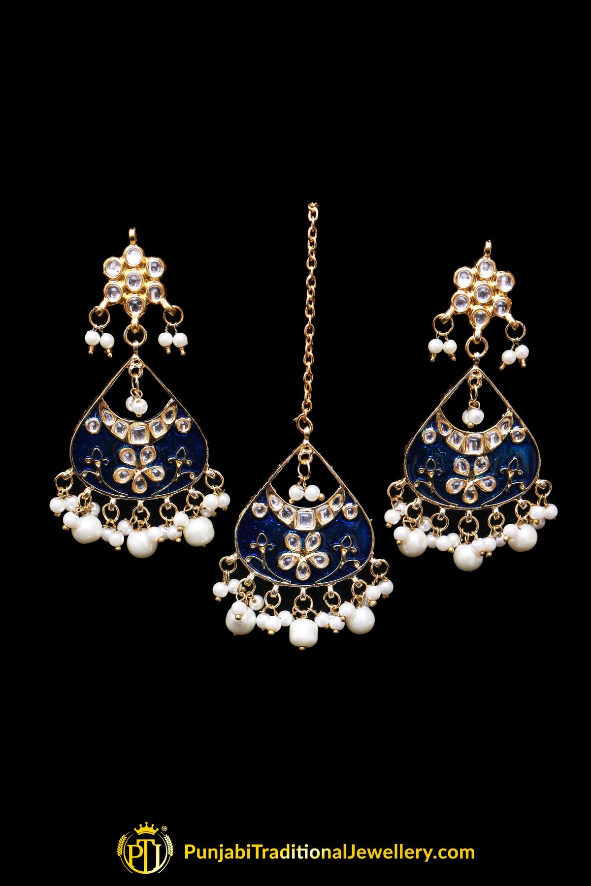 Blue Choker Pearl Kundan Meena Necklace Set By Punjabi Traditional Jewellery