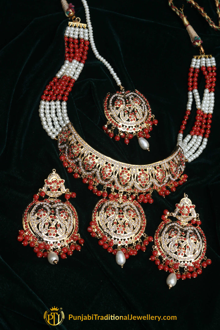 Red Pearl Jadau Necklace Set By Punjabi Traditional Jewellery