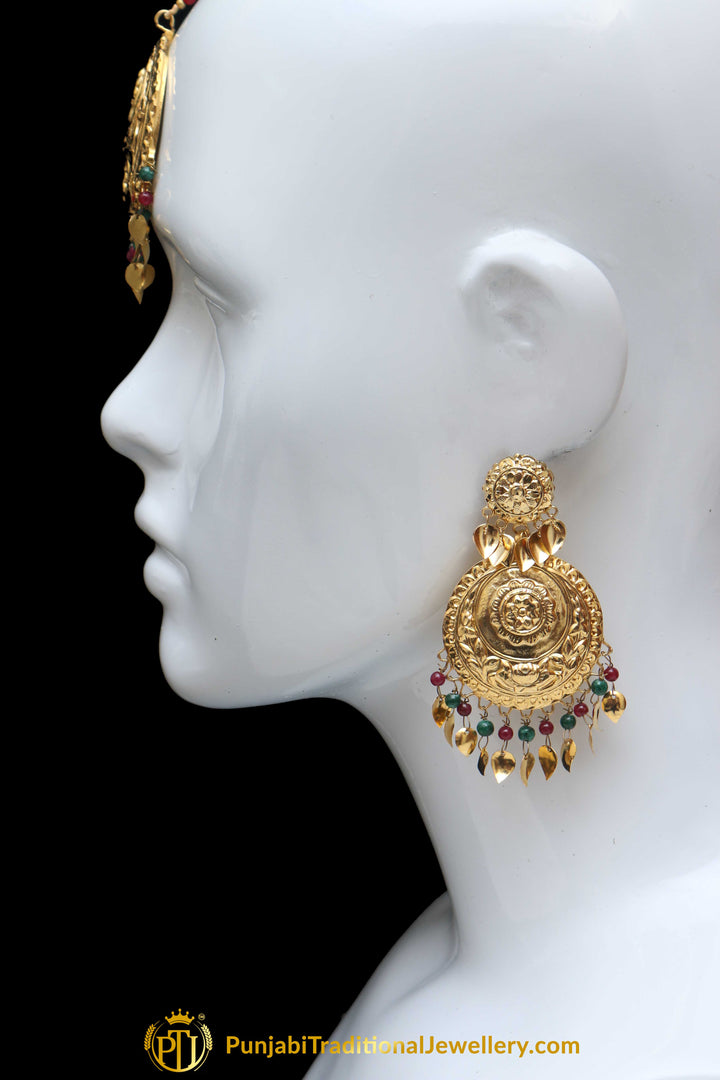 Red Green Pippal Patti Earring Tikka Set By Punjabi Traditional Jewellery