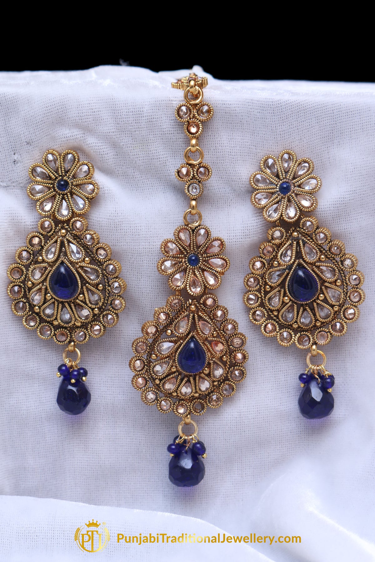 Blue Polki Earring Tikka Set By Punjabi Traditional Jewellery