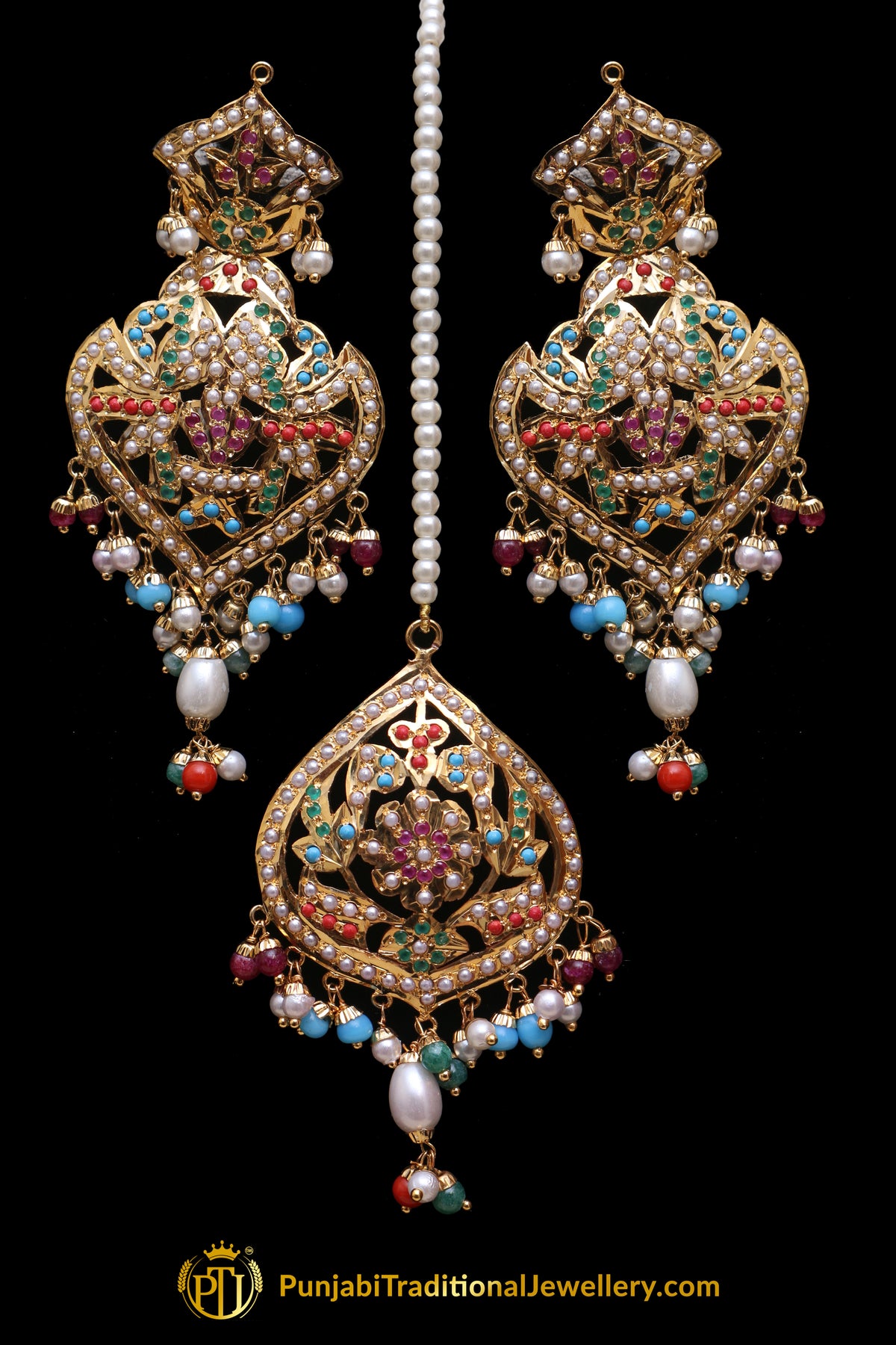 Multi Jadau Pearl Earring Tikka Set By Punjabi Traditional Jewellery