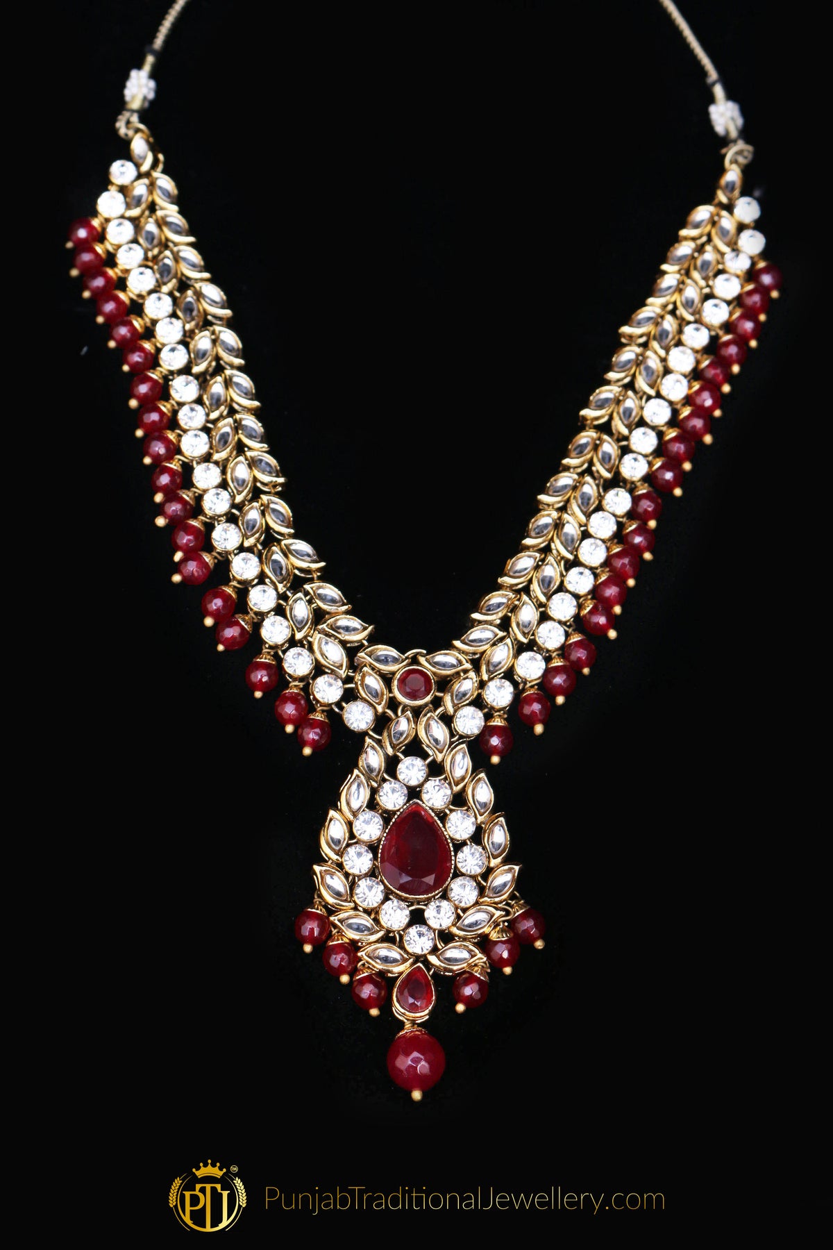 Red Kundan Necklace Set By Punjabi Traditional Jewellery