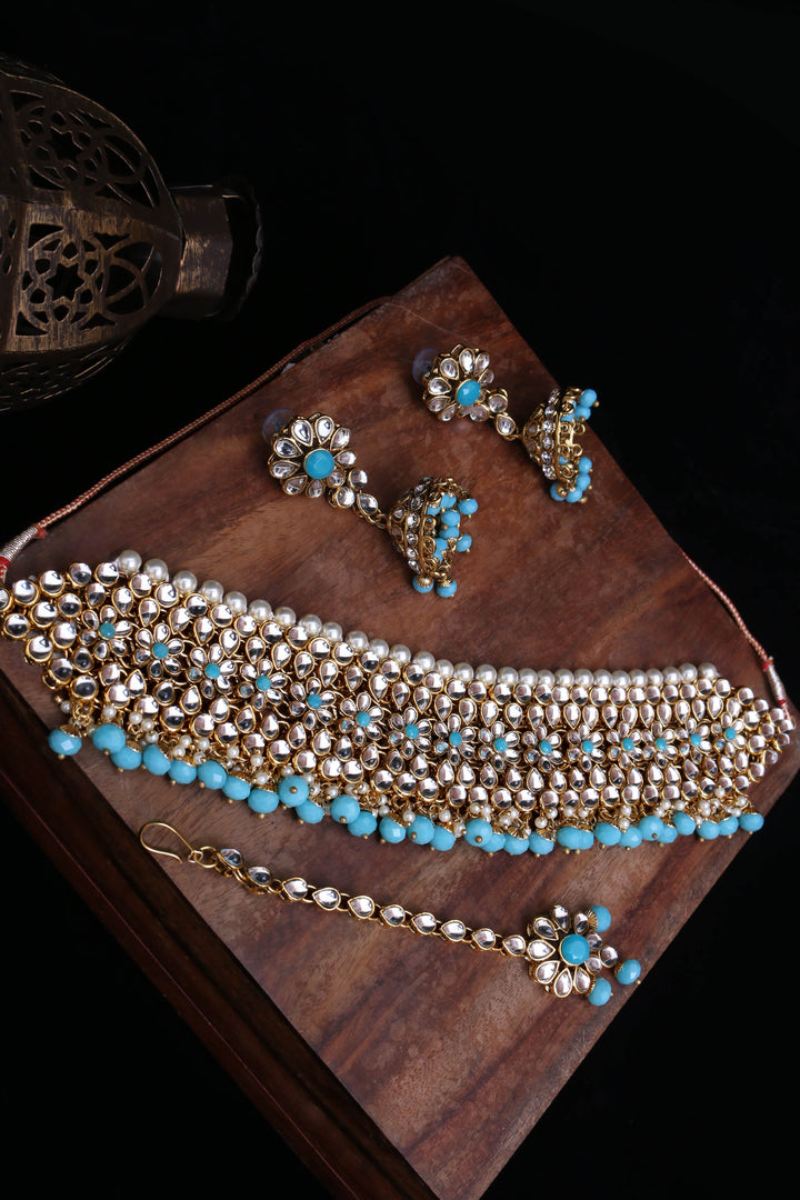 Firozi Kundan Choker Necklace Set By Punjabi Traditional Jewellery