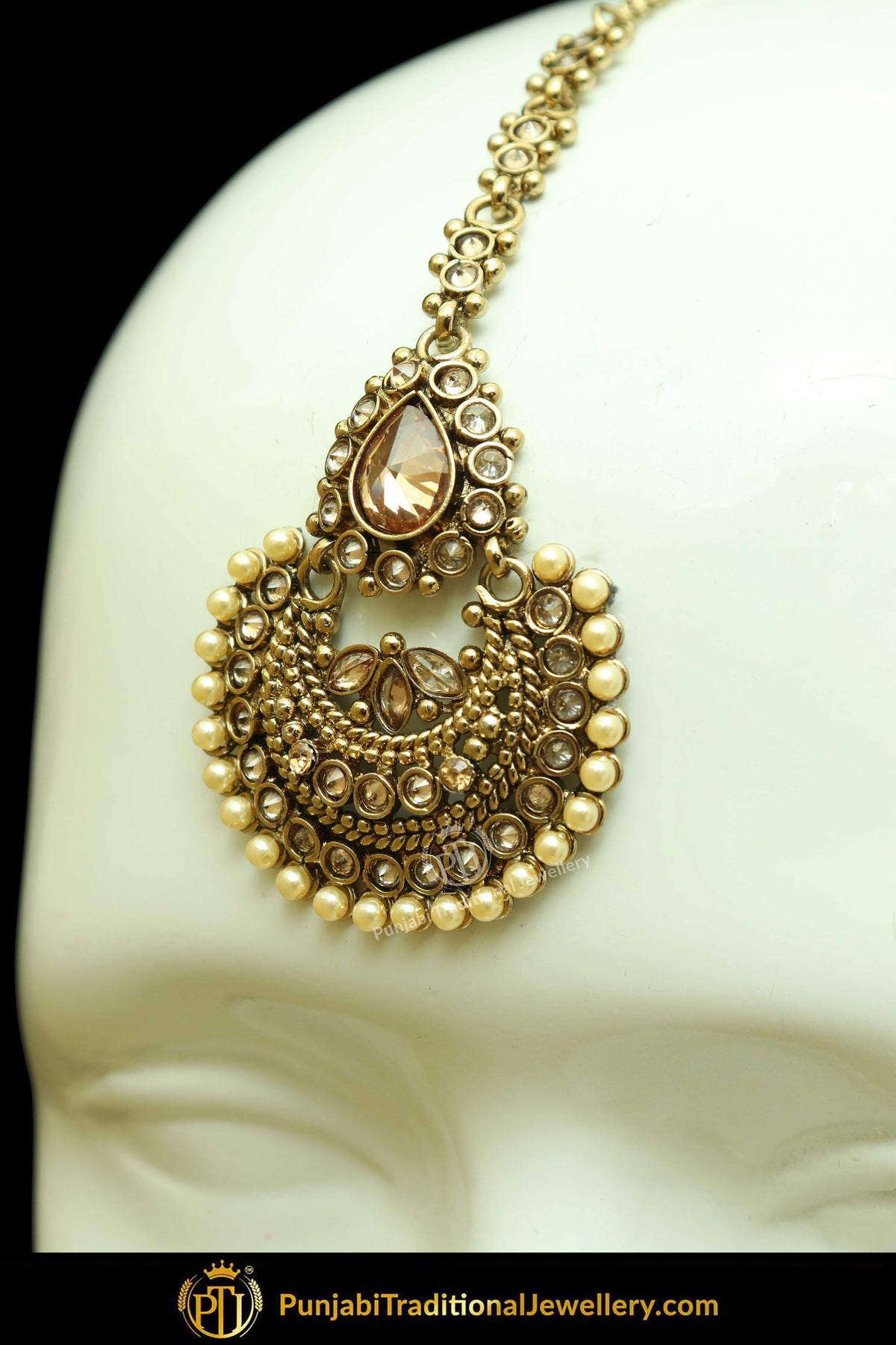 Antique Gold Finised Champagne Stone Earring Tikka Set By Punjabi Traditional Jewellery