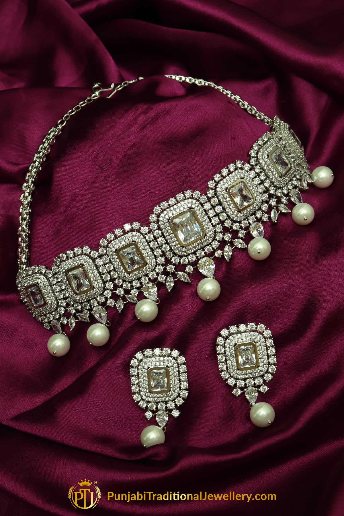 Ghadah Silver Pearl American diamond Choker Set & Earrings | Punjabi Traditional Jewellery Exclusive