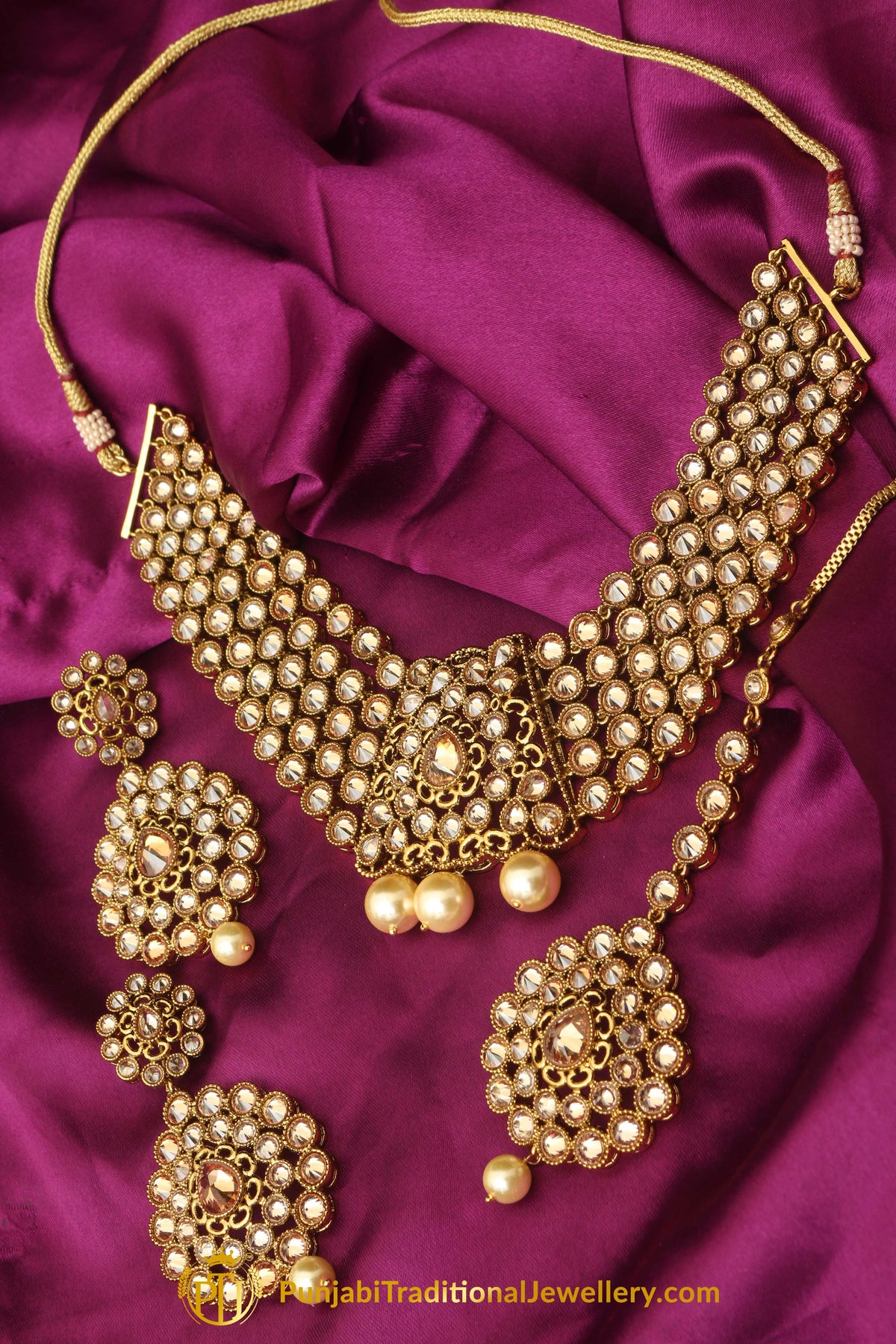Champagne Stone Pearl Necklace Set By Punjabi Taditional Jewellery