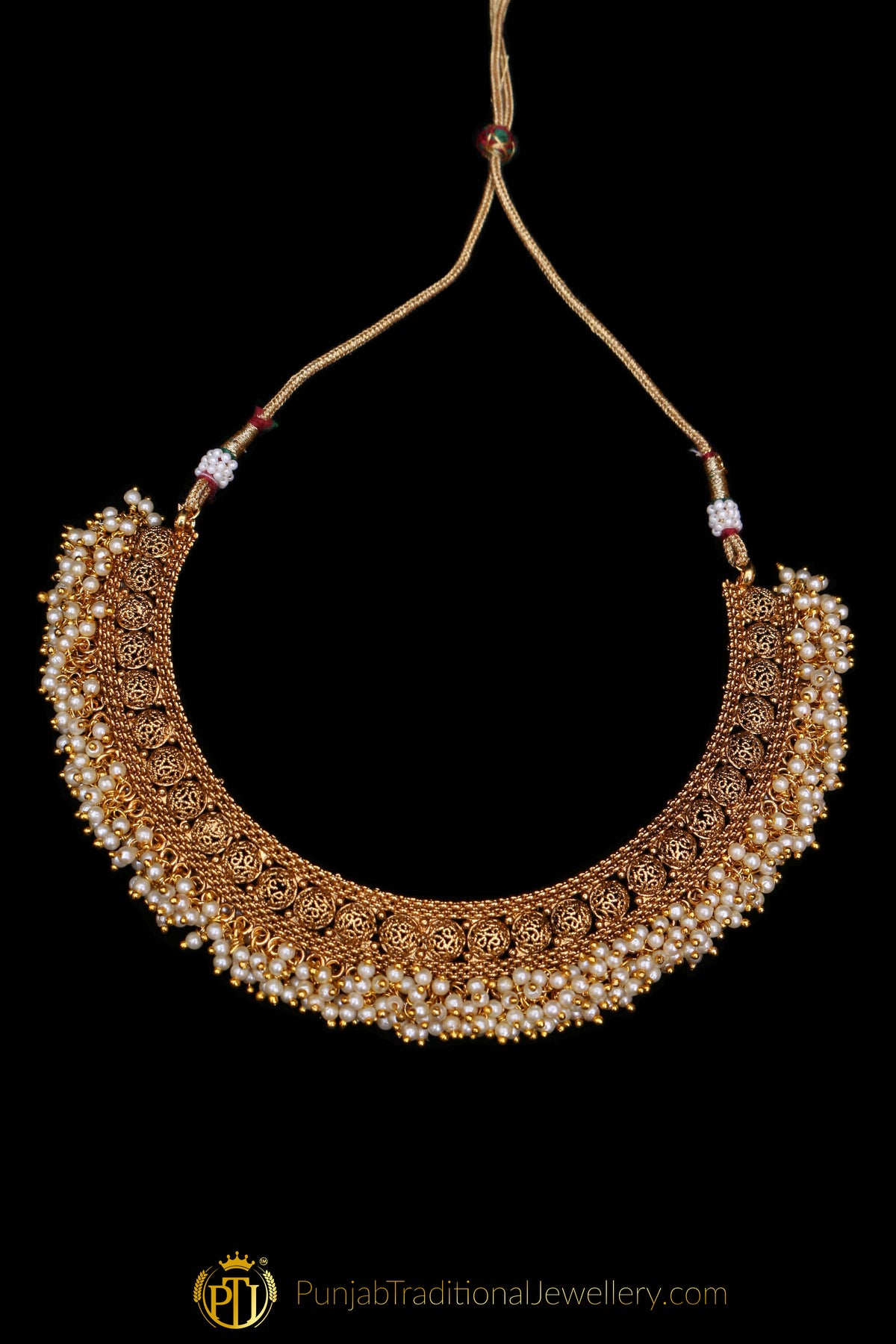 White Pearl Antique Gold Necklace Set By Punjabi Traditional Jewellery