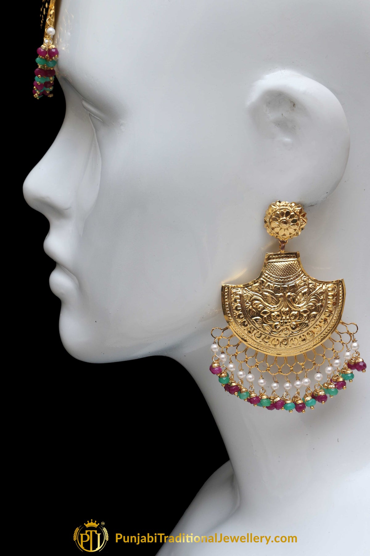 Maroon & Green Earring Tikka Set By Punjabi Traditional Jewellery