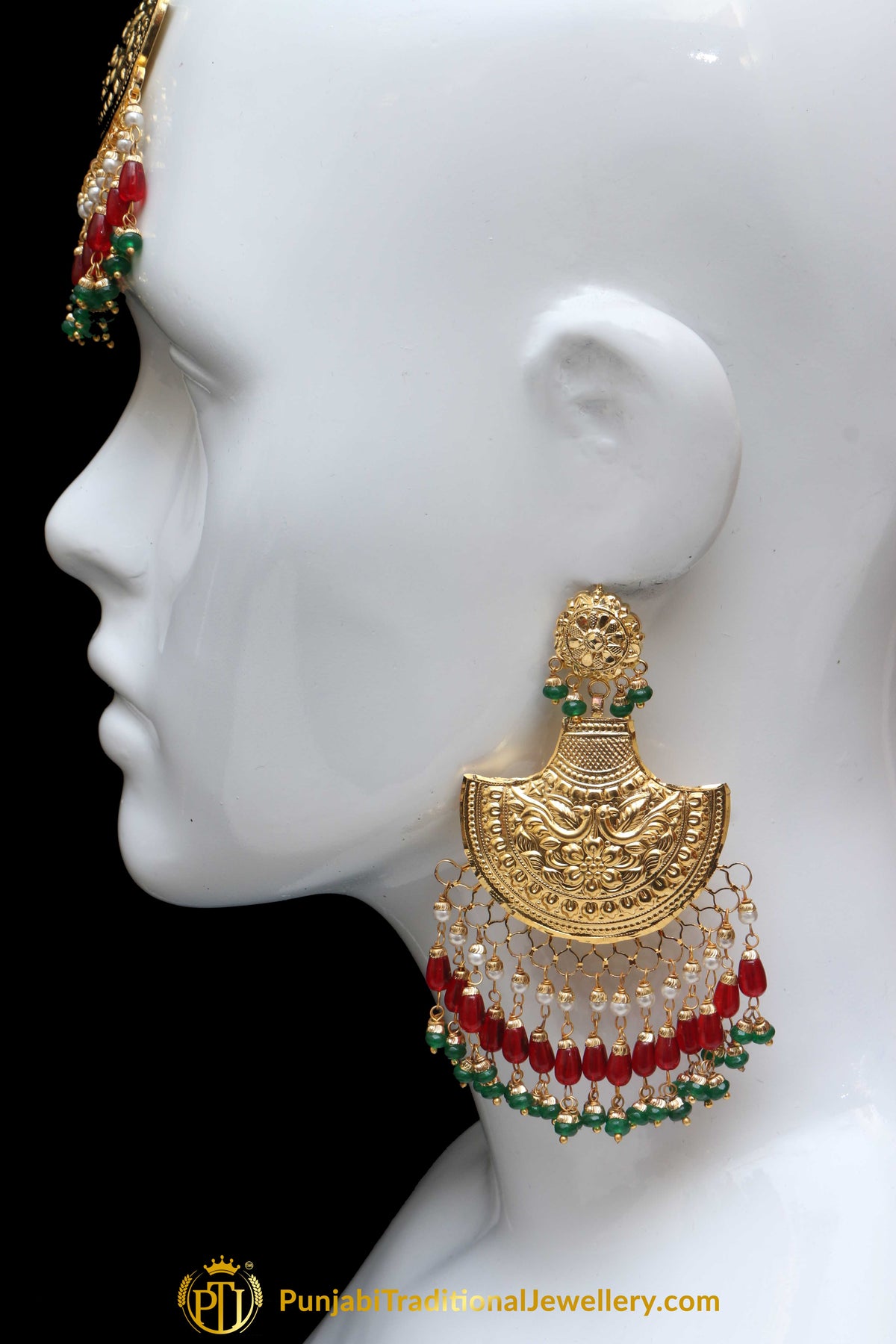 Red Green Pearl Earring Tikka Set By Punjabi Traditional Jewellery