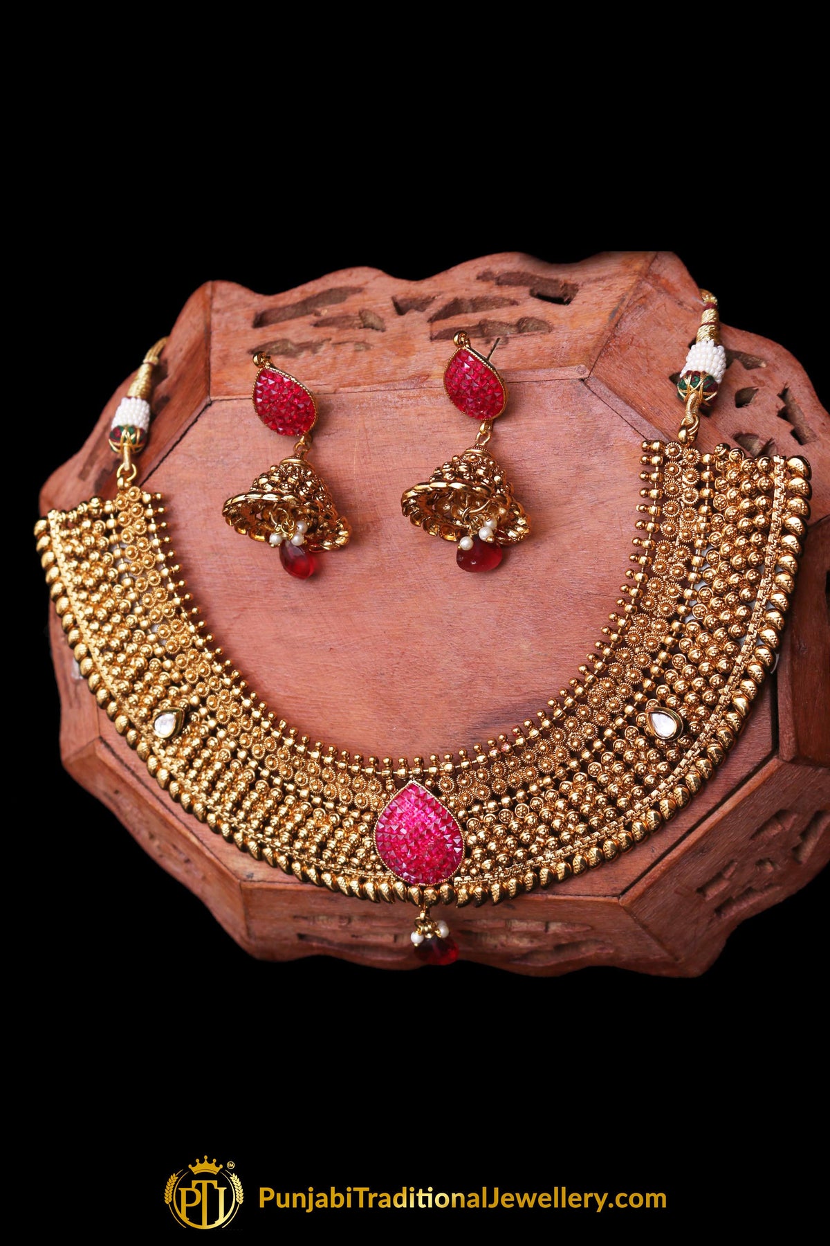 Maroon Antique Gold Pearl Choker Necklace Set By Punjabi Traditional Jewellery