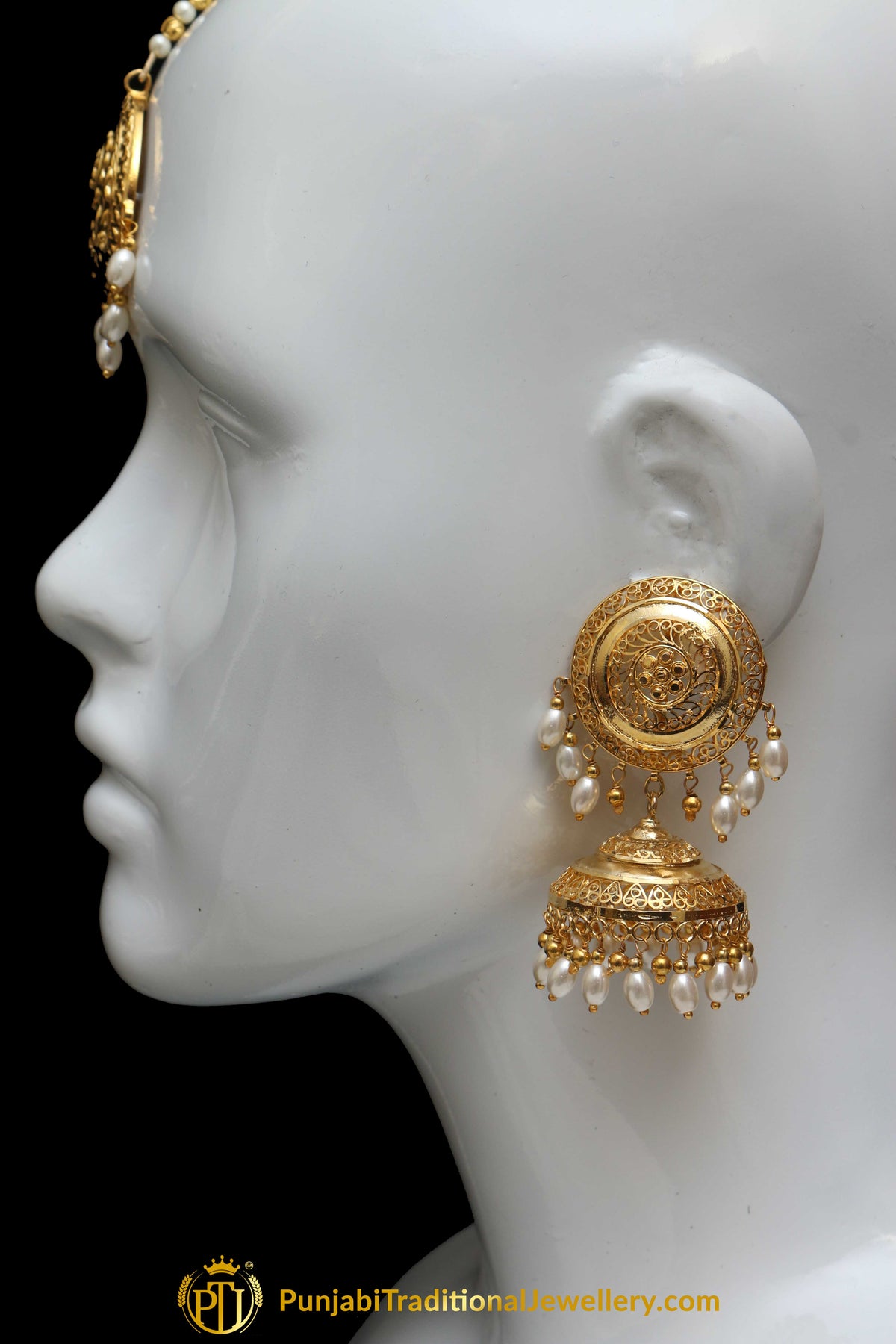 Golden Jadau Earring Tikka Set By Punjabi Traditional Jewellery