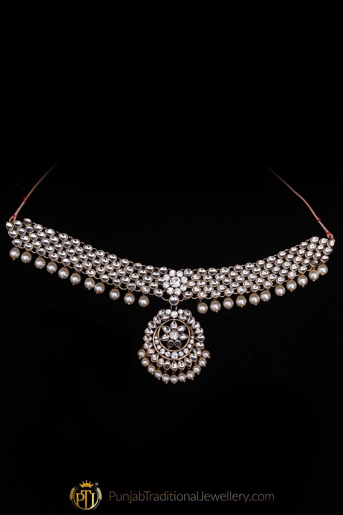 Pearl Kundan Choker Necklace Set By Punjabi Traditional Jewellery