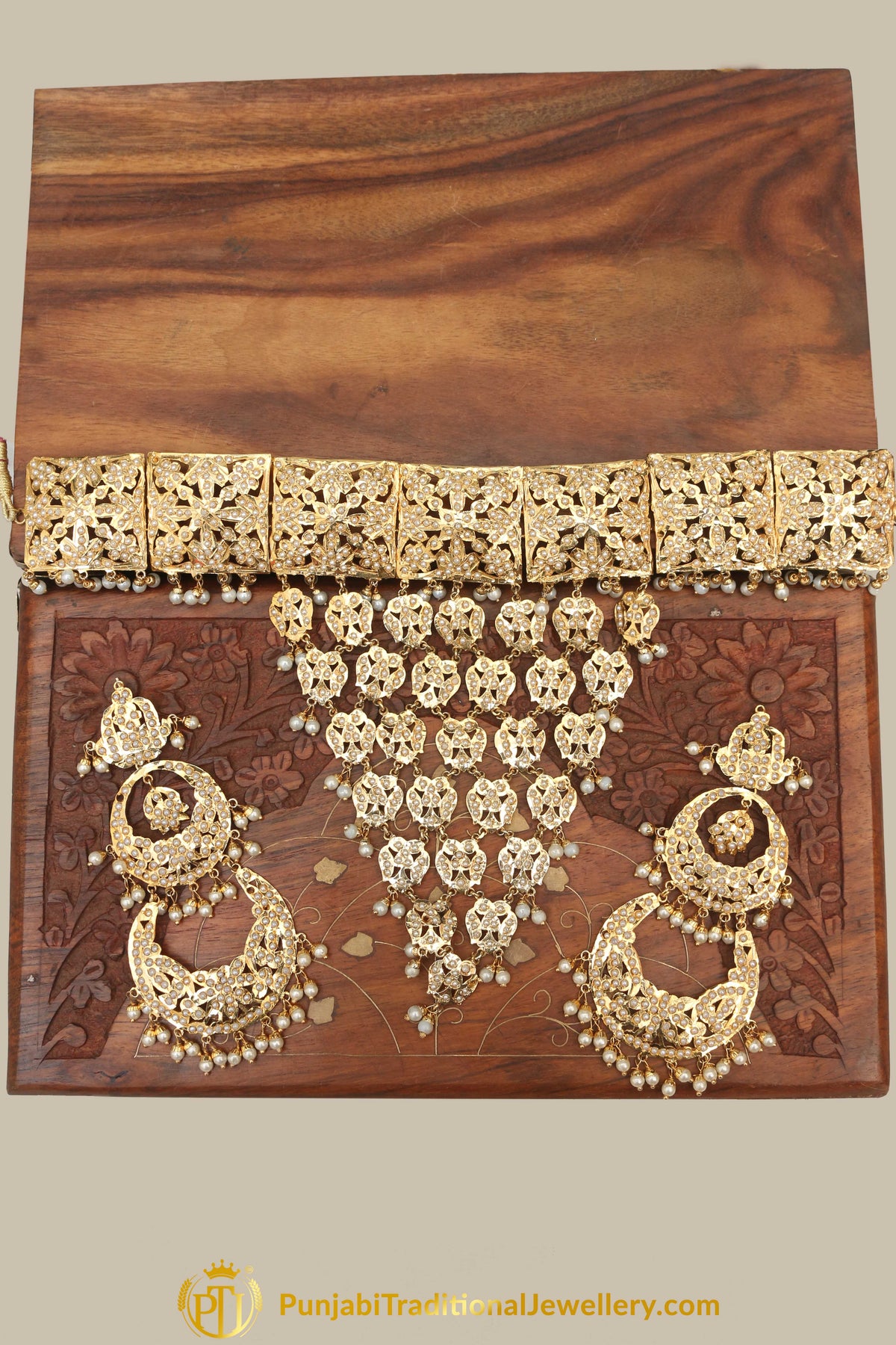 Golden Jadau Pearl Necklace Set By Punjabi Traditional Jewellery