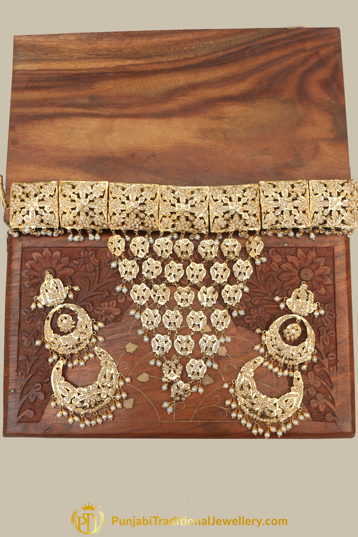 Golden Jadau Pearl Necklace Set By Punjabi Traditional Jewellery