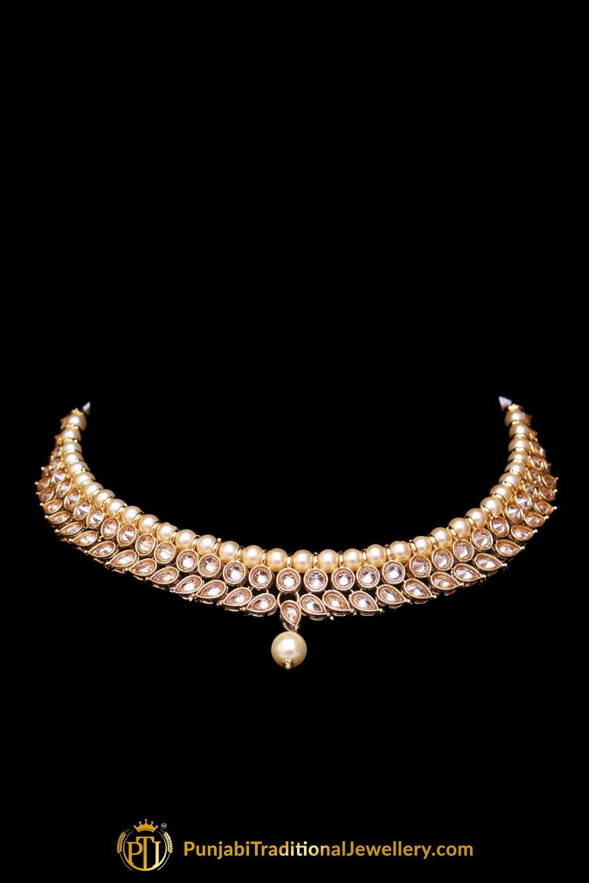 Pearl Champagne Stone Necklace Set By Punjabi Taditional Jewellery