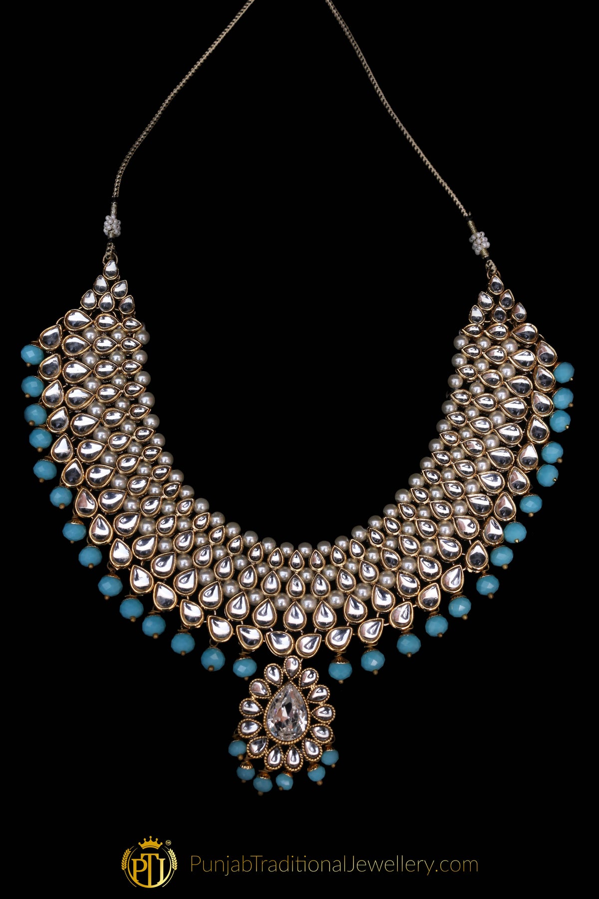 Firozi Pearl Kundan Necklace Set By  Punjabi Traditional Jewellery