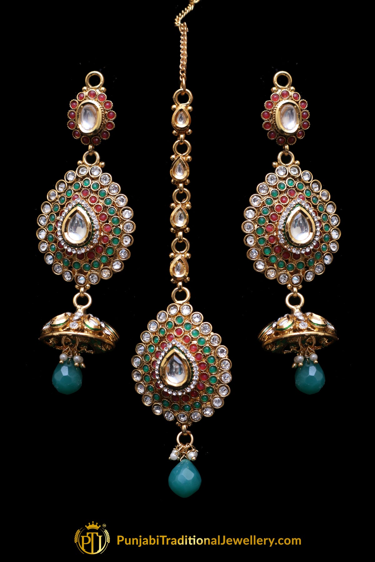 Green Maroon Polki Earring Tikka Set By Punjabi Traditional Jewellery