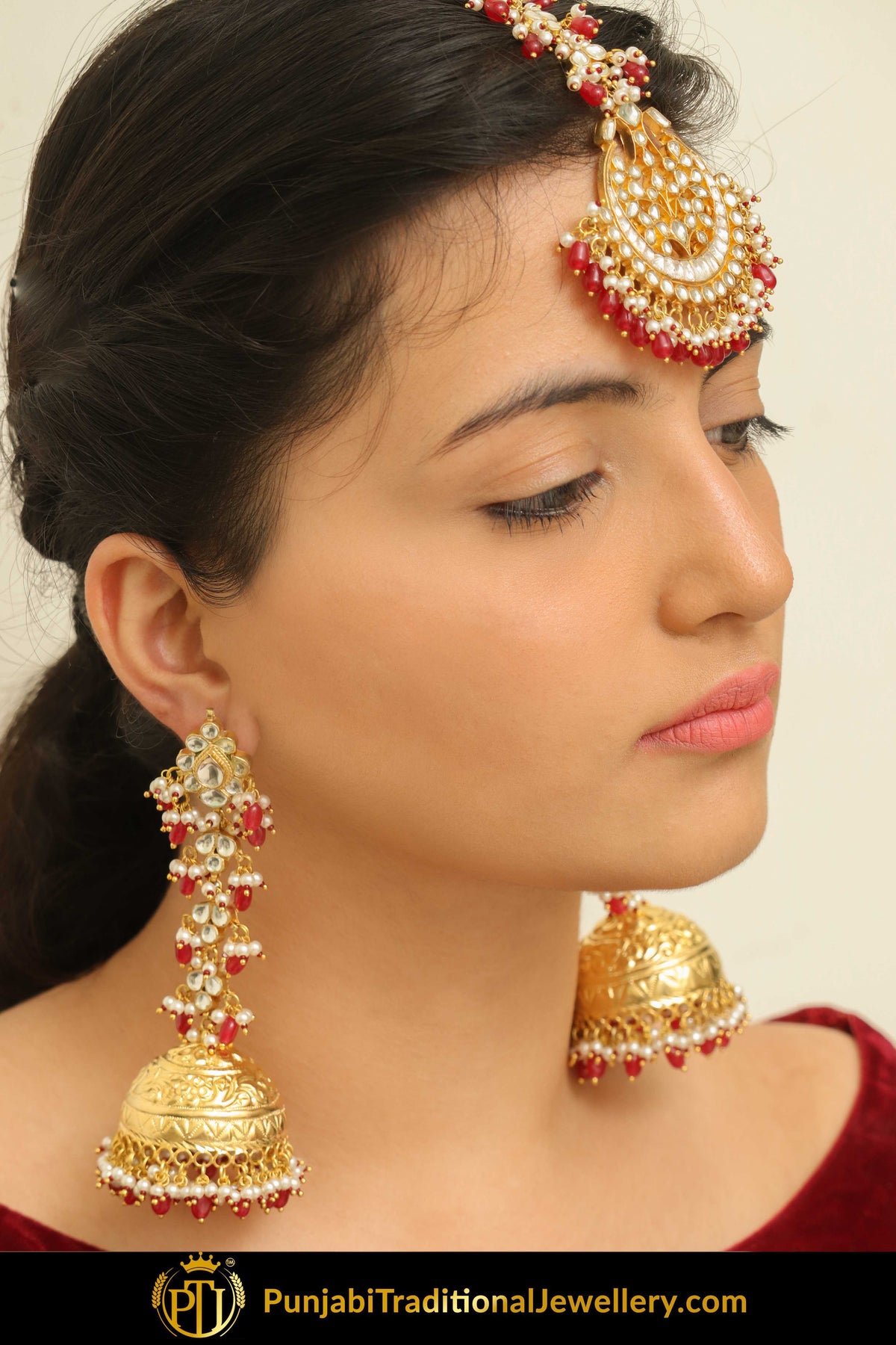 Ikram Gold Finished Pearl Rubby Jhumki Kundan Earring Tikka Set | Punjabi Traditional Jewellery Exclusive