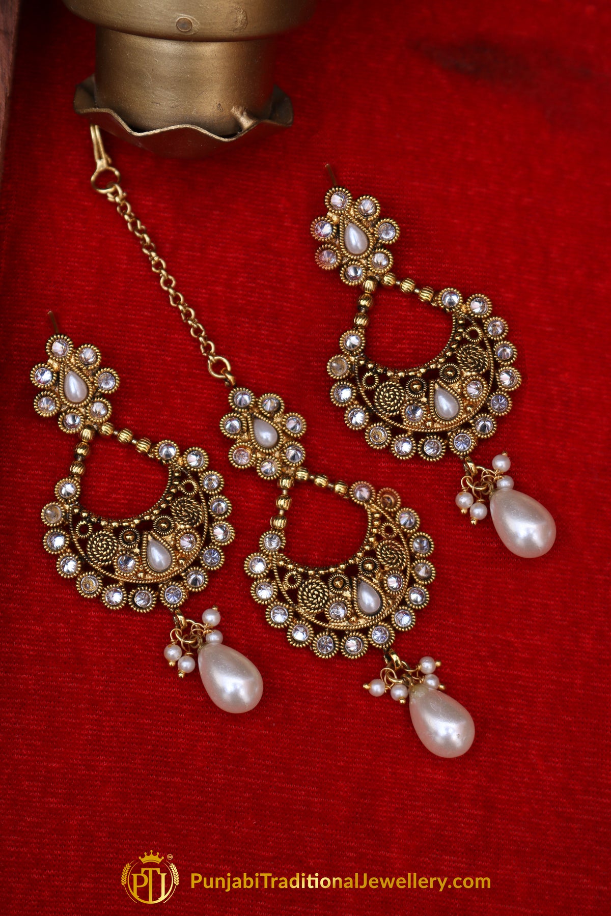 Polki Pearl Champagne Stone Earring Tikka Set By Punjabi Traditional Jewellery