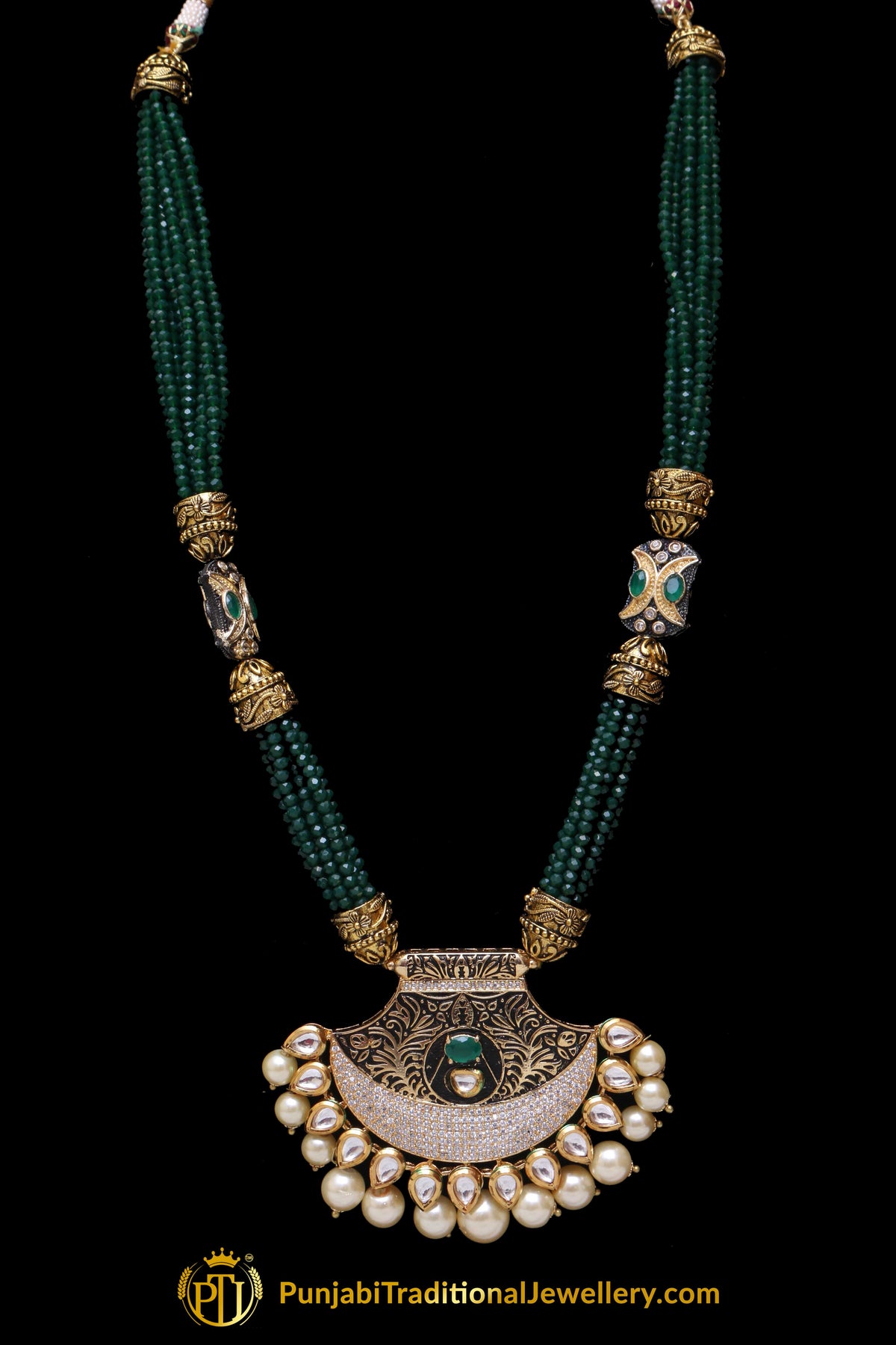 Green Kundan Mala Necklace Set By Punjabi Traditional Jewellery