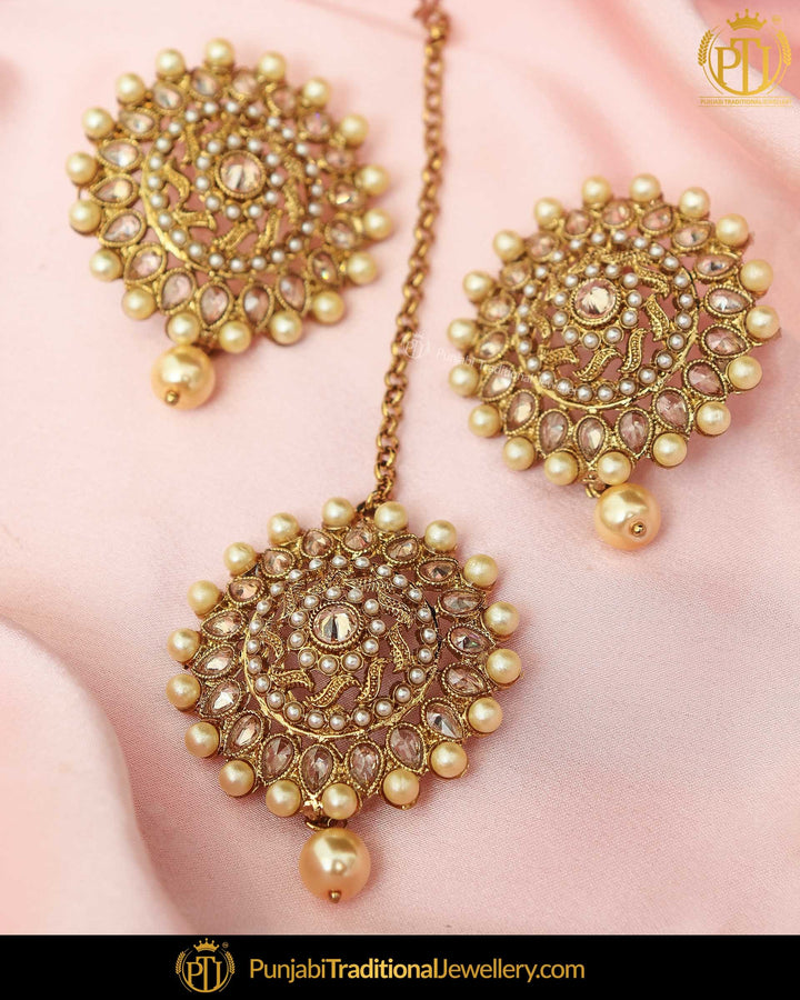 Antique Gold Finished Pearl Champagne Stone Earring Tikka Set | Punjabi Traditional Jewellery Exclusive