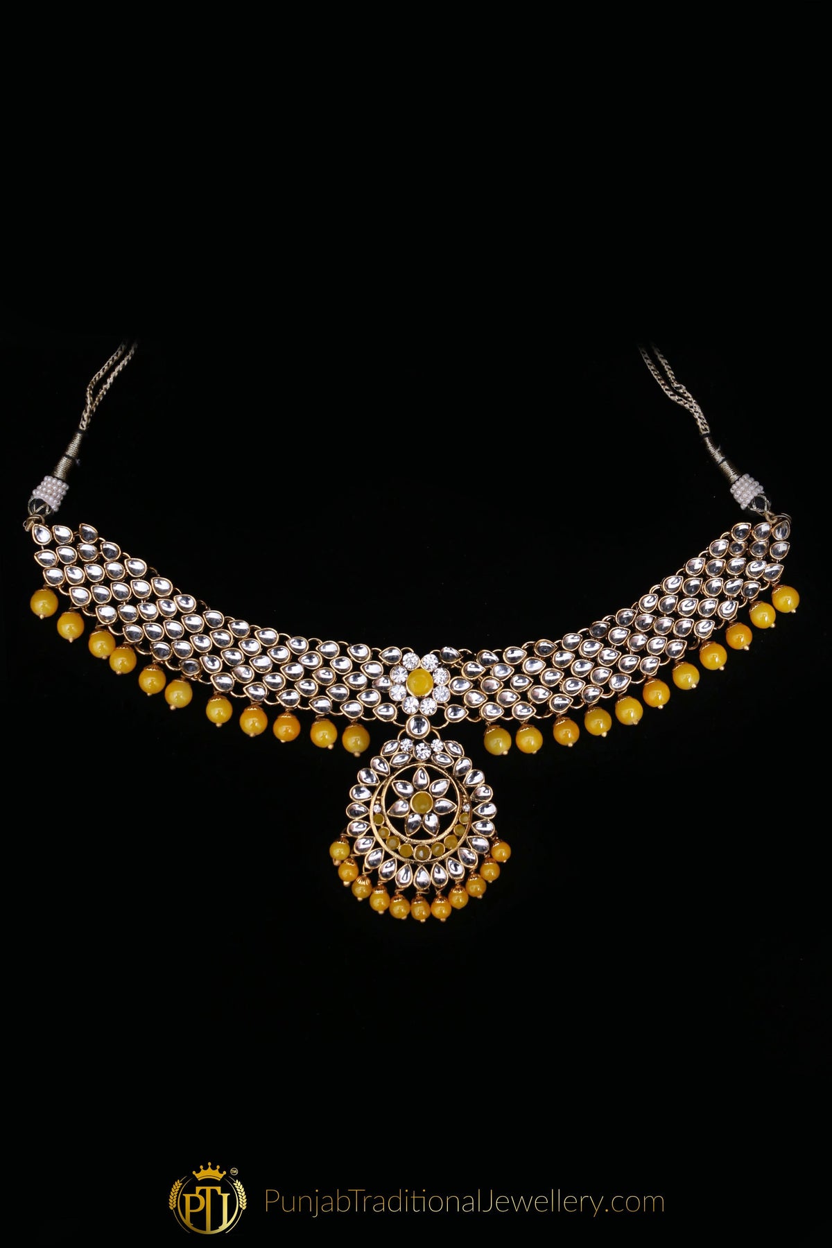 Yellow Kundan Necklace Set By Punjabi Traditional Jewellery