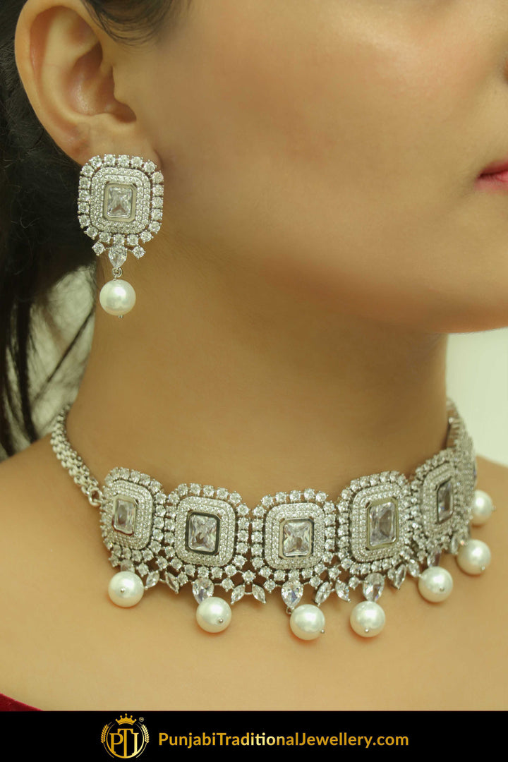 Ghadah Silver Pearl American diamond Choker Set & Earrings | Punjabi Traditional Jewellery Exclusive