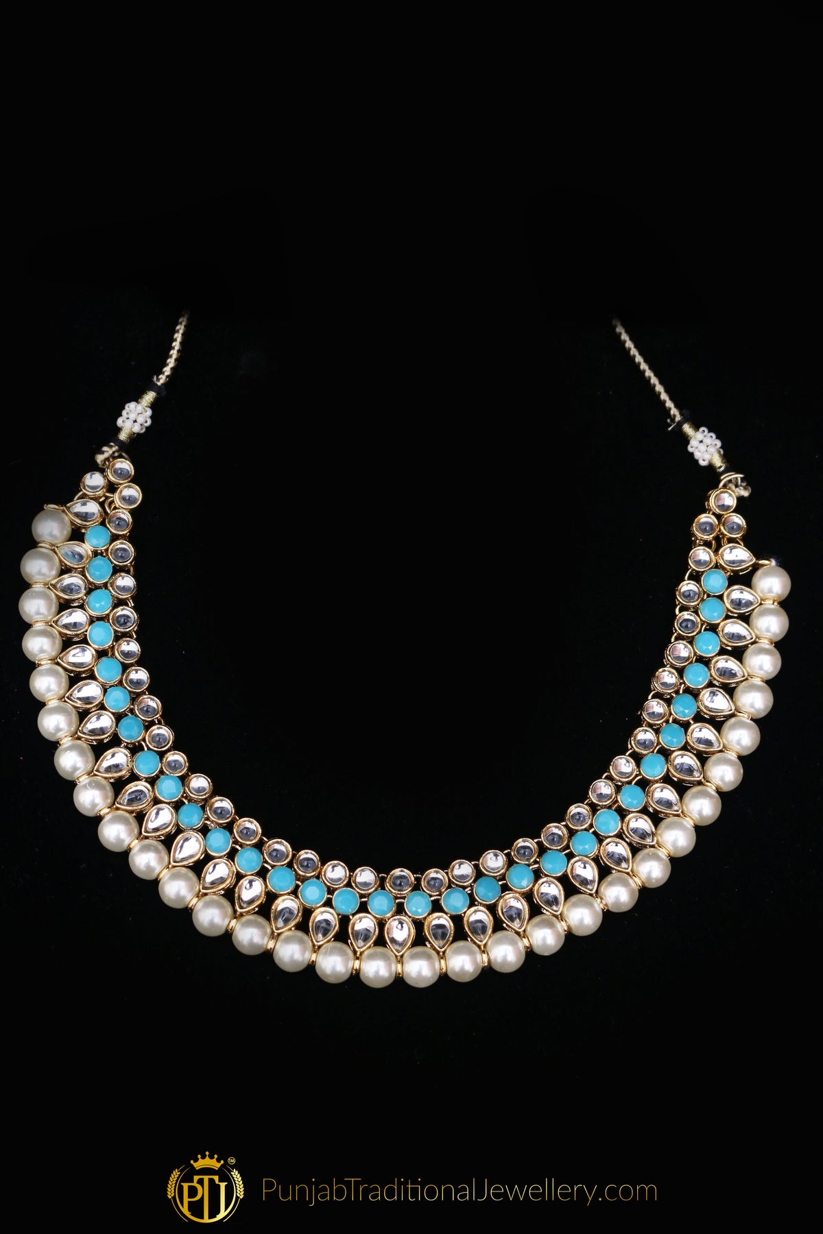 White & Firozi Kundan Necklace Set By Punjabi Traditional Jewellery