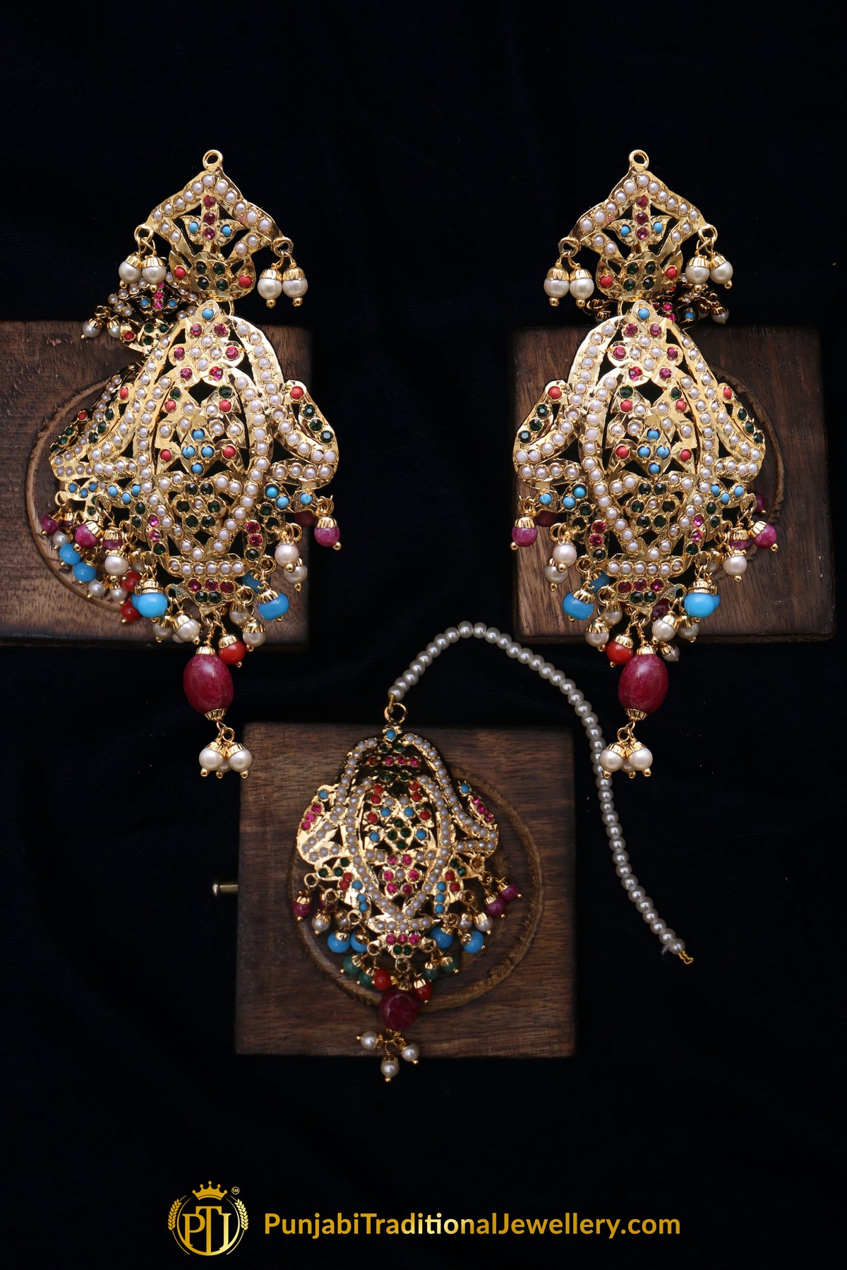 Multi Jadau Pearl Earring Tikka Set By Punjabi Traditional Jewellery