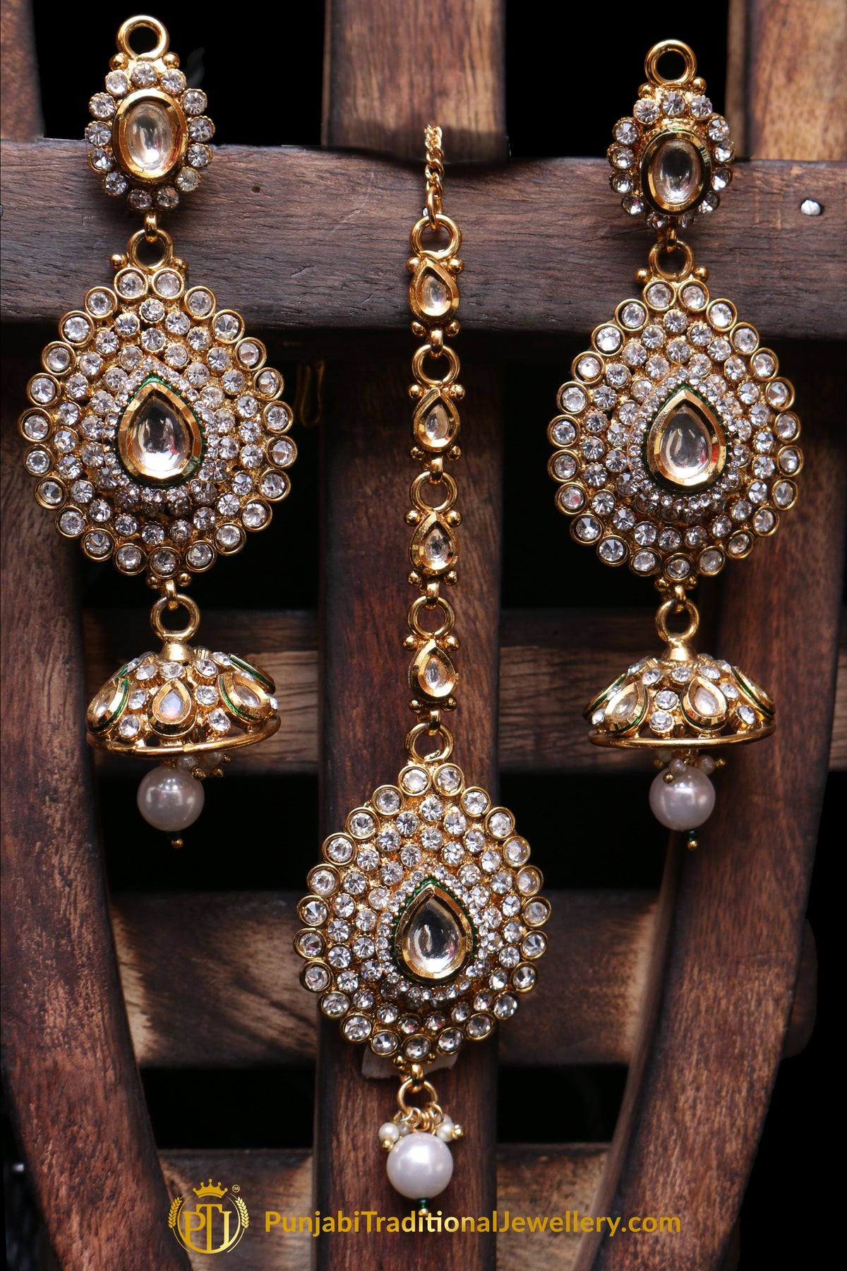 Golden Polki Earring Tikka Set By Punjabi Traditional Jewellery