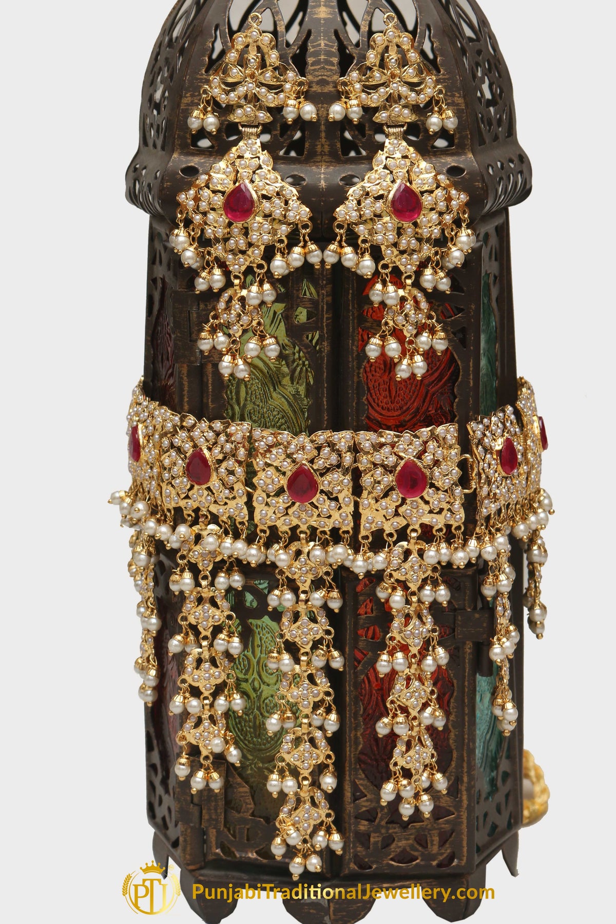 Maroon Jadau Pearl Kundan Necklace Set By Punjabi Traditional Jewellery