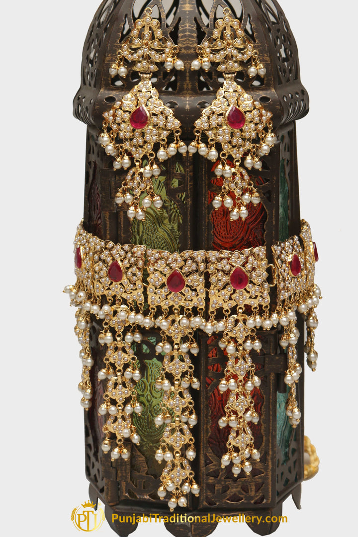 Maroon Jadau Pearl Kundan Necklace Set By Punjabi Traditional Jewellery