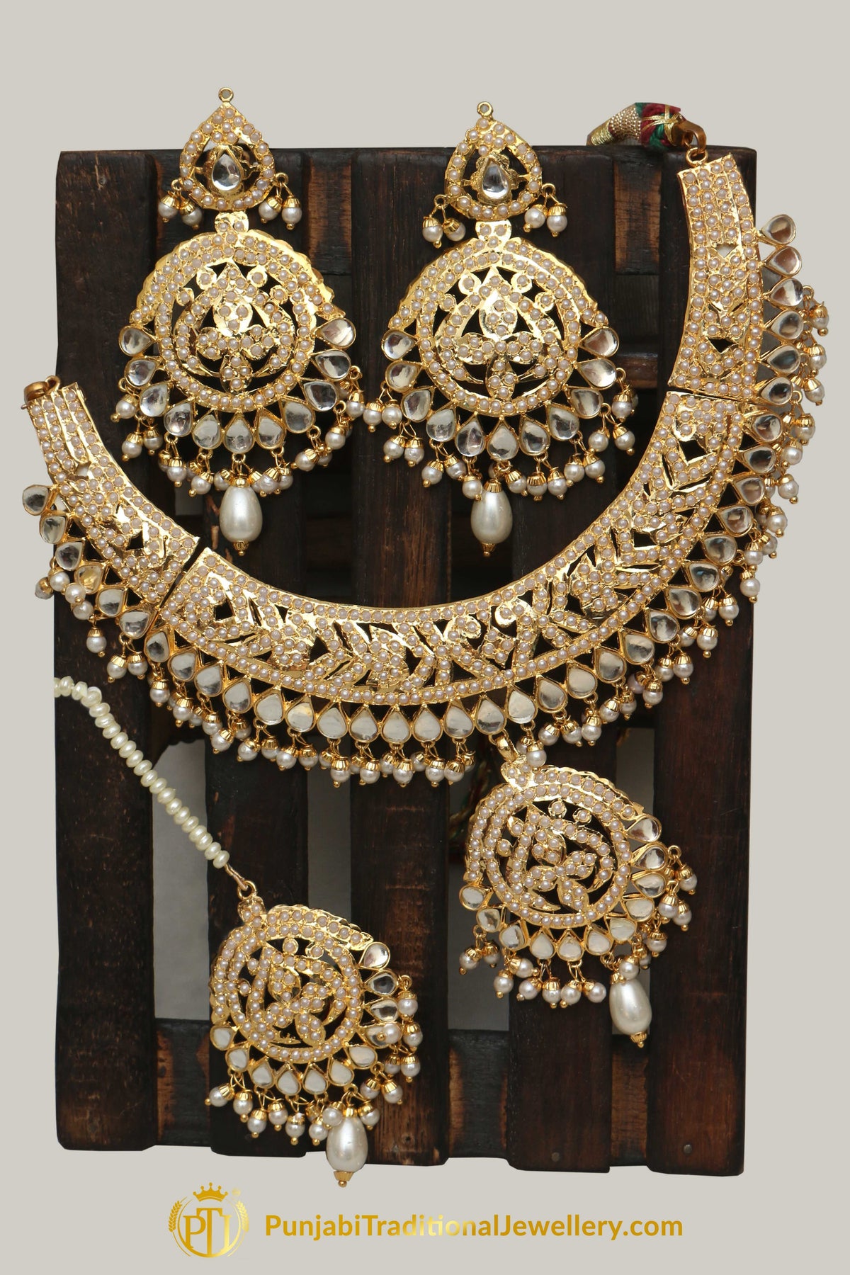 Golden Jadau Pearl Kundan Necklace Set By Punjabi Taditional Jewellery