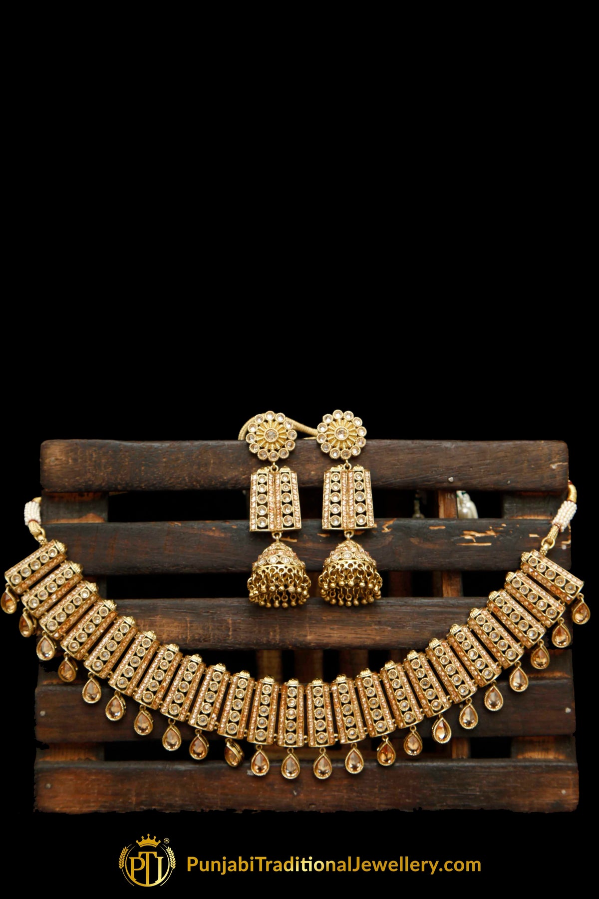 Golden Champagne Stone Necklace Set By Punjabi Traditional Jewellery