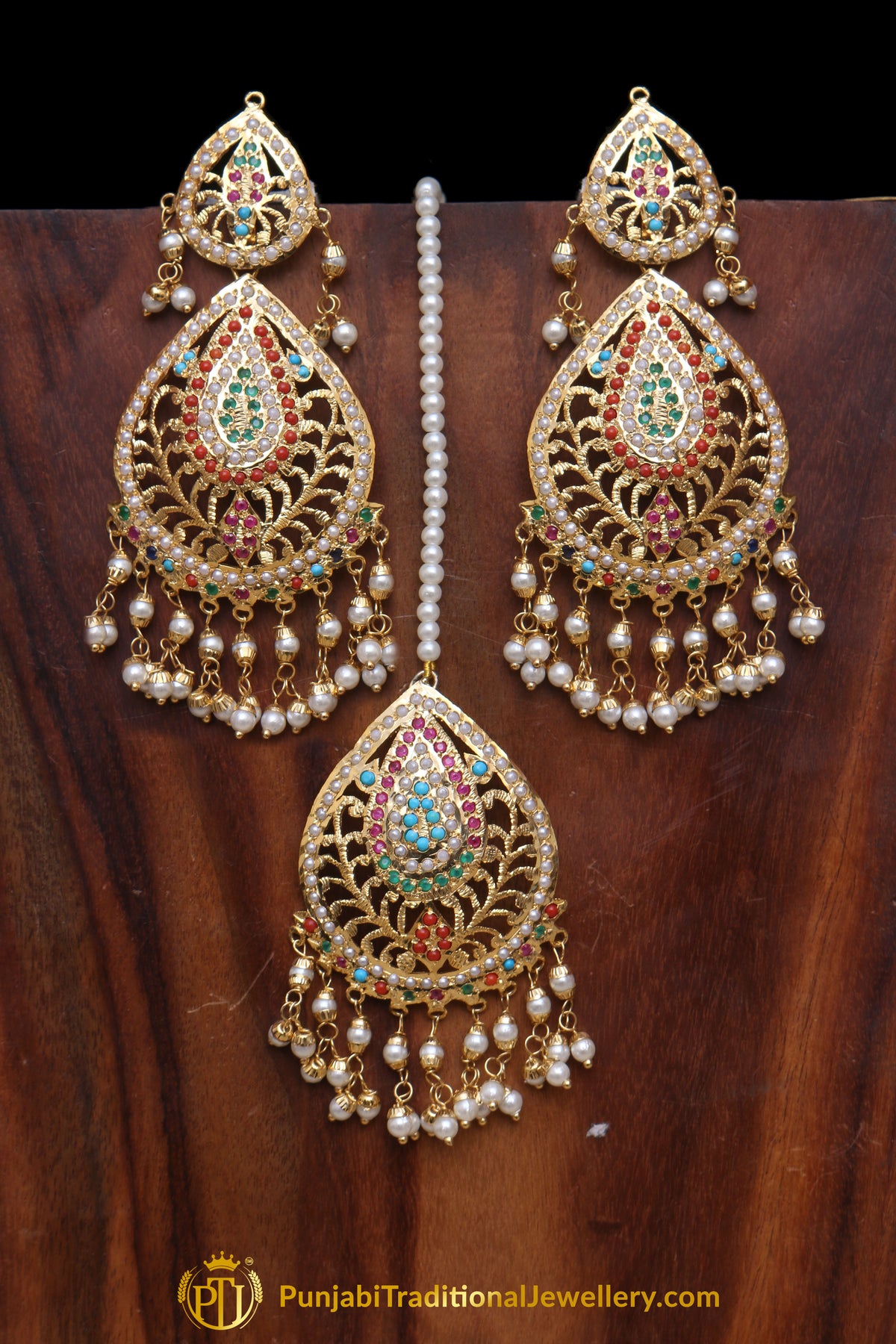 Multi Jadau Pearl Earring Tikka Set By Punjabi Traditional Jewellery