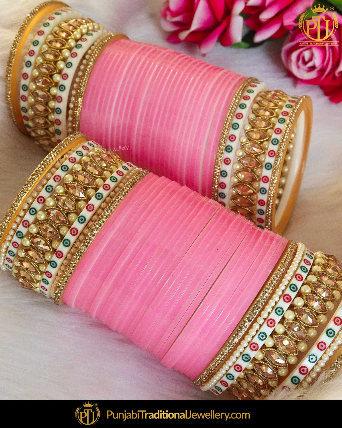 Dotted Pink Champagne Stone Bridal Chura | Punjabi Traditional Jewellery Exclusive