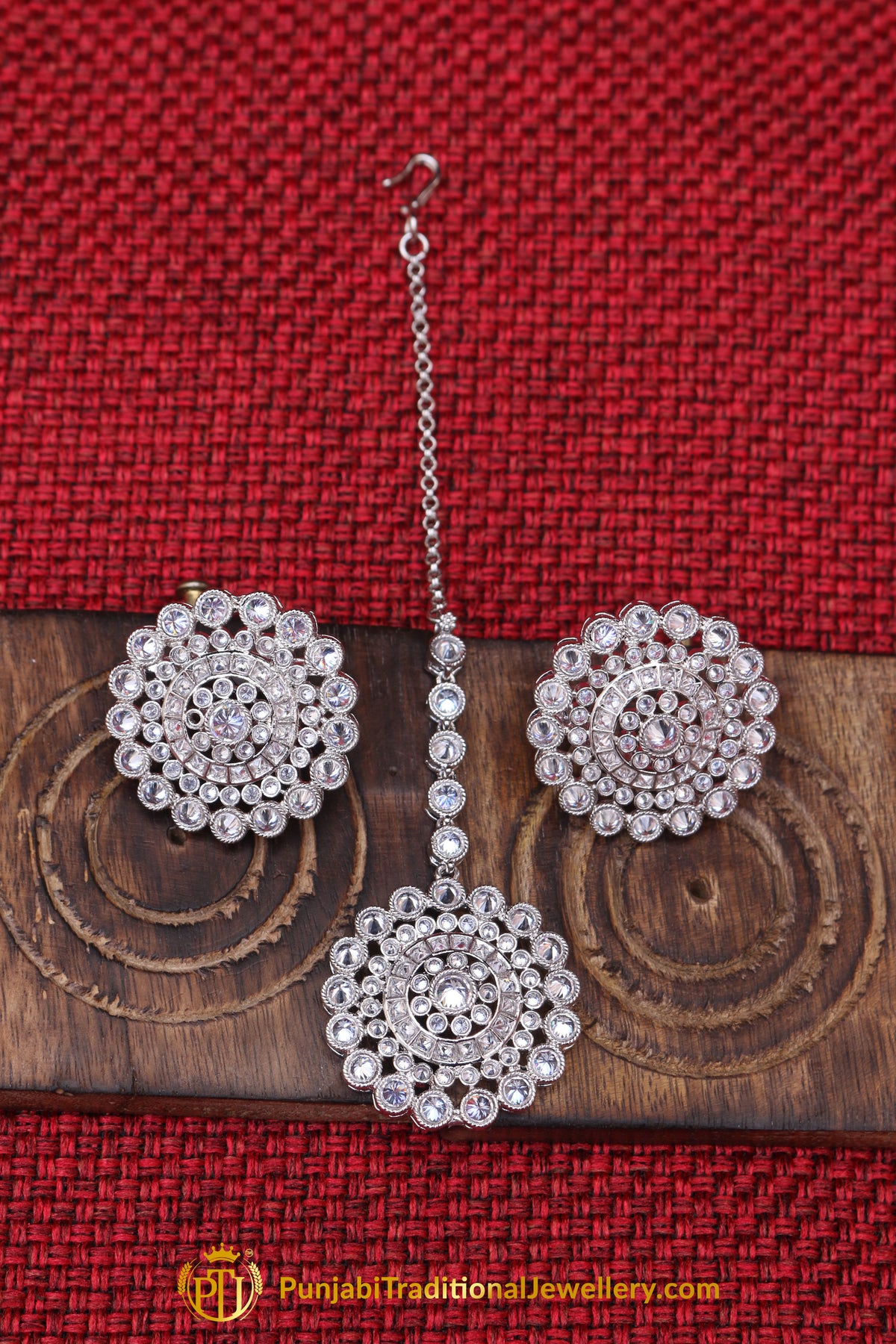 Silver Kundan Pearl Earring Tikka Set By Punjabi Traditional Jewellery