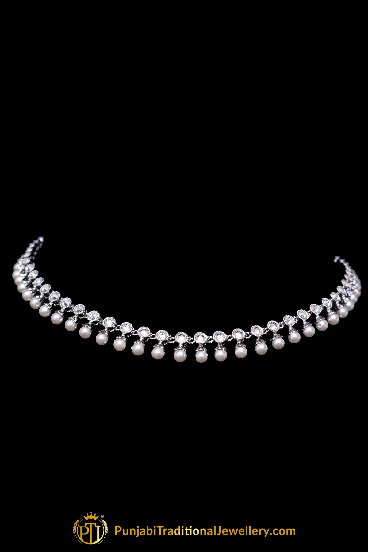 Silver Polki Pearl Necklace Set By Punjabi Traditional Jewellery