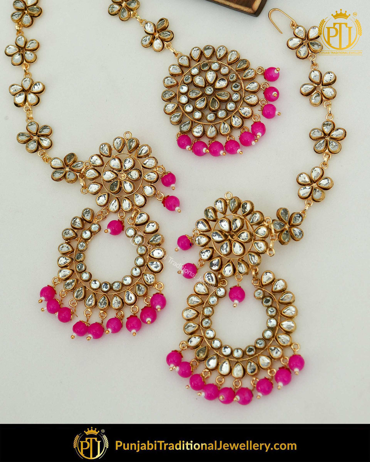 Gold Finished Pearl Pink Kundan Sahare Earrings & Tikka Set | Punjabi Traditional Jewellery Exclusive
