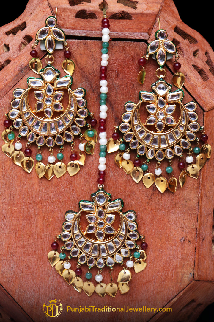 Maroon Kundan Pippal Patti Earring Tikka Set By Punjabi Traditional Jewellery