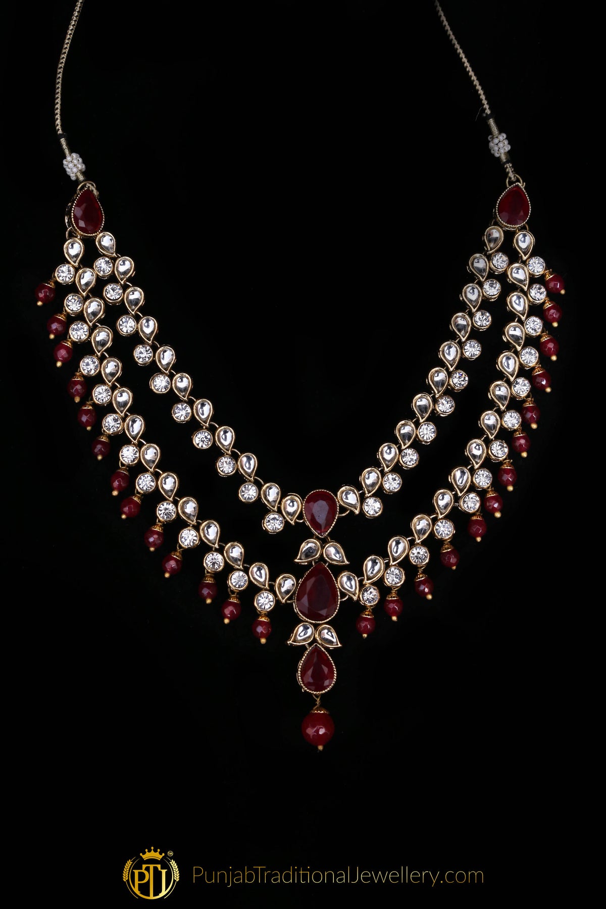 Red Kundan Necklace Set By Punjabi Traditional Jewellery