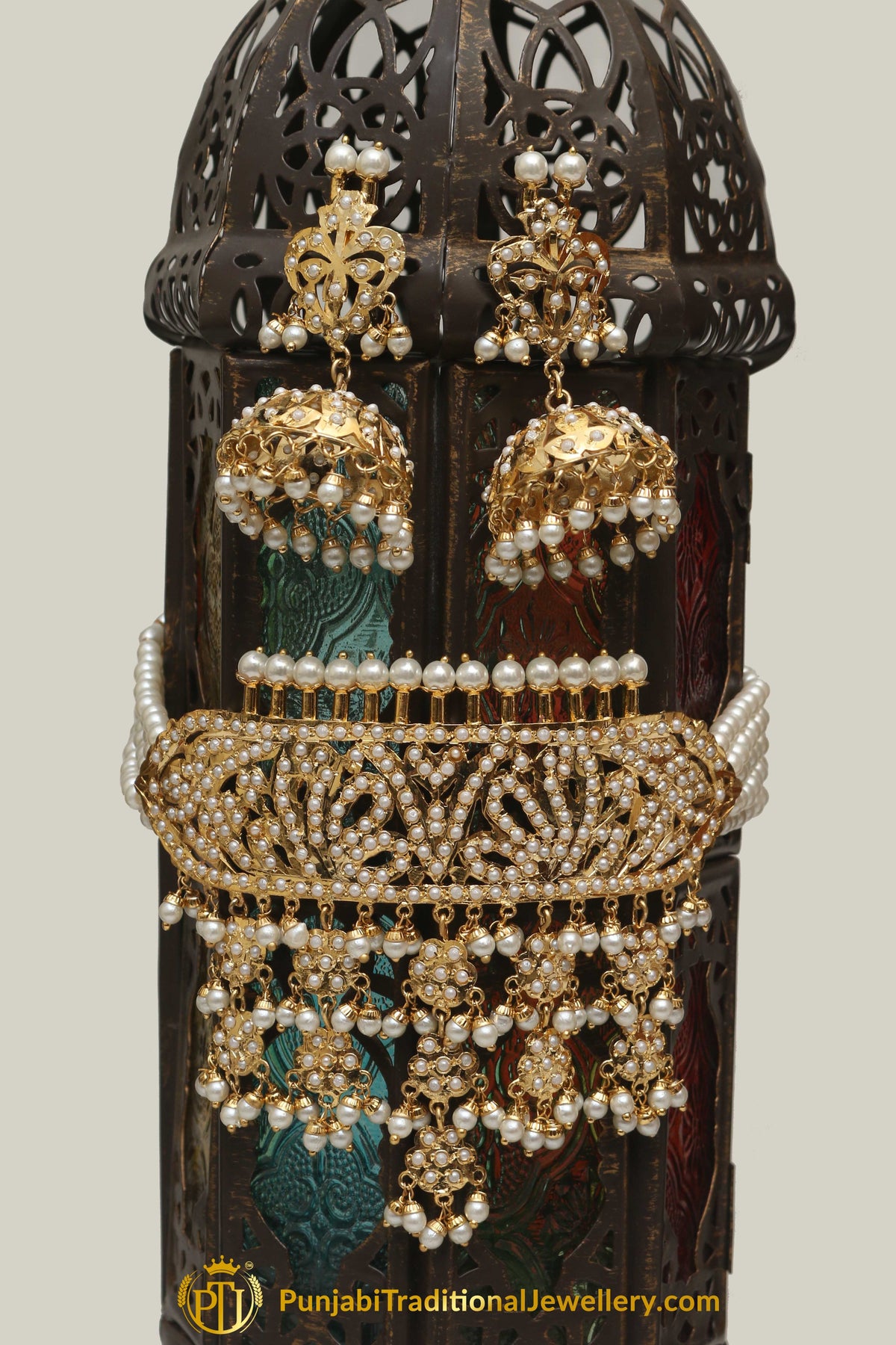 Jadau Golden Pearl Necklace Set By Punjabi Traditional Jewellery