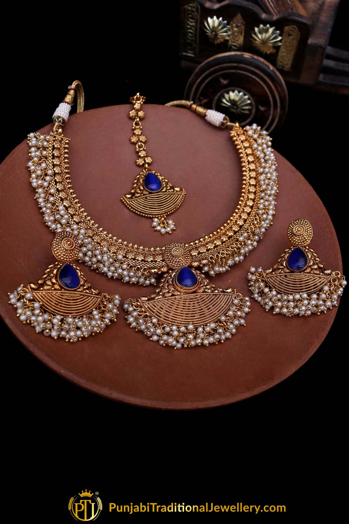 Blue Antique Gold Pearl Necklace Set By Punjabi Traditional Jewellery